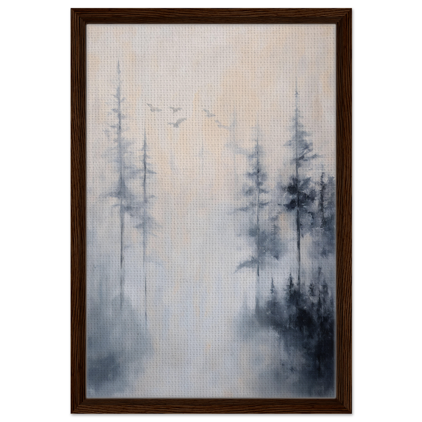 Framed canvas of Ethereal Mist Reflections showcasing a misty forest with pine tree silhouettes