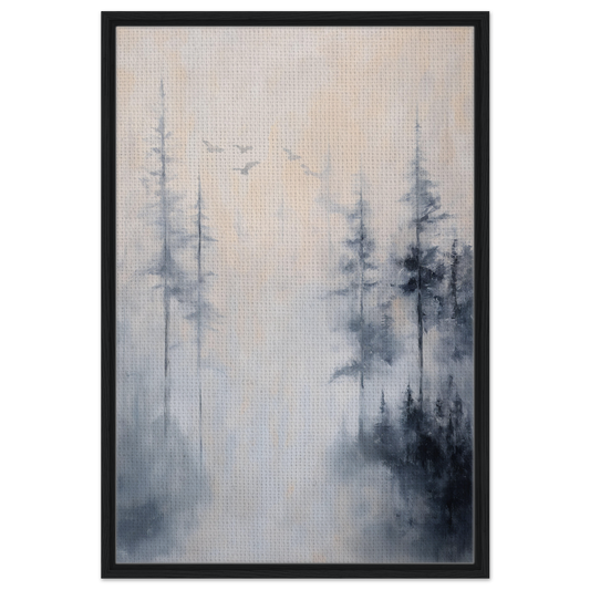 Misty forest landscape painting with tall pine trees in Ethereal Mist Reflections framed canvas