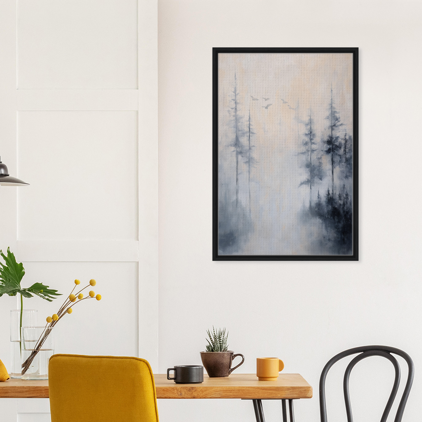 Framed canvas of Ethereal Mist Reflections showcasing misty forest trees in gray tones