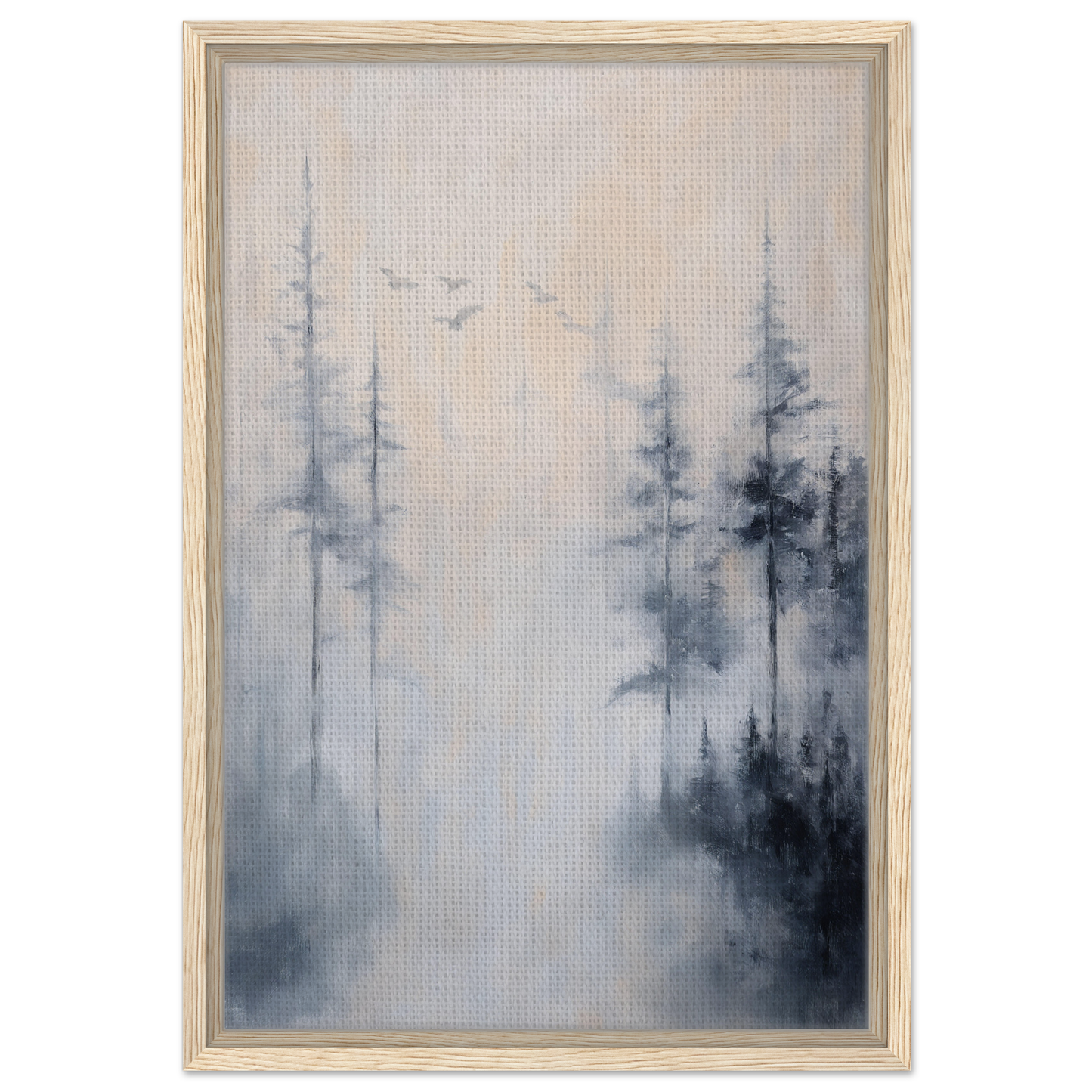 Framed canvas print of Ethereal Mist Reflections featuring a misty forest and pine trees