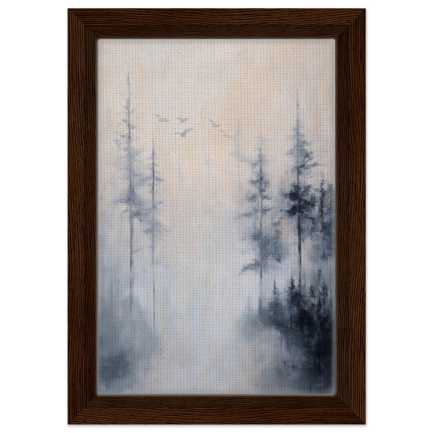 Framed canvas print of Ethereal Mist Reflections with pine tree silhouettes in fog