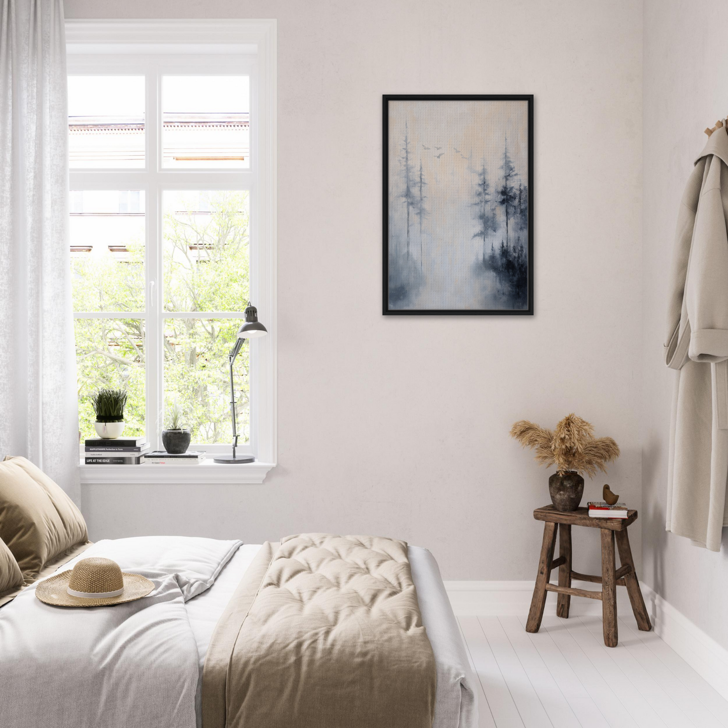Cozy bedroom featuring Ethereal Mist Reflections framed canvas as minimalist room decor
