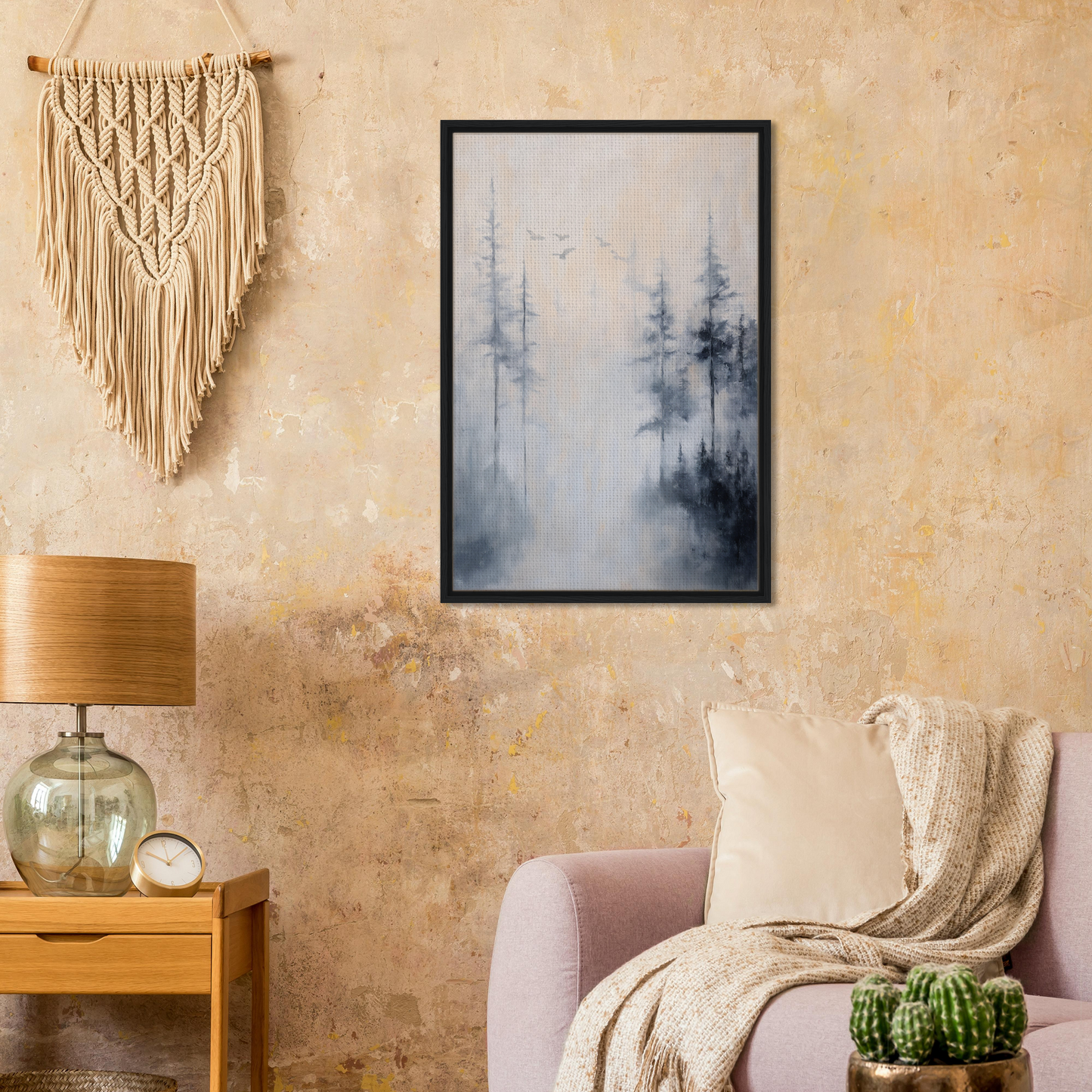 Framed canvas print of ethereal mist reflections in a serene forest landscape