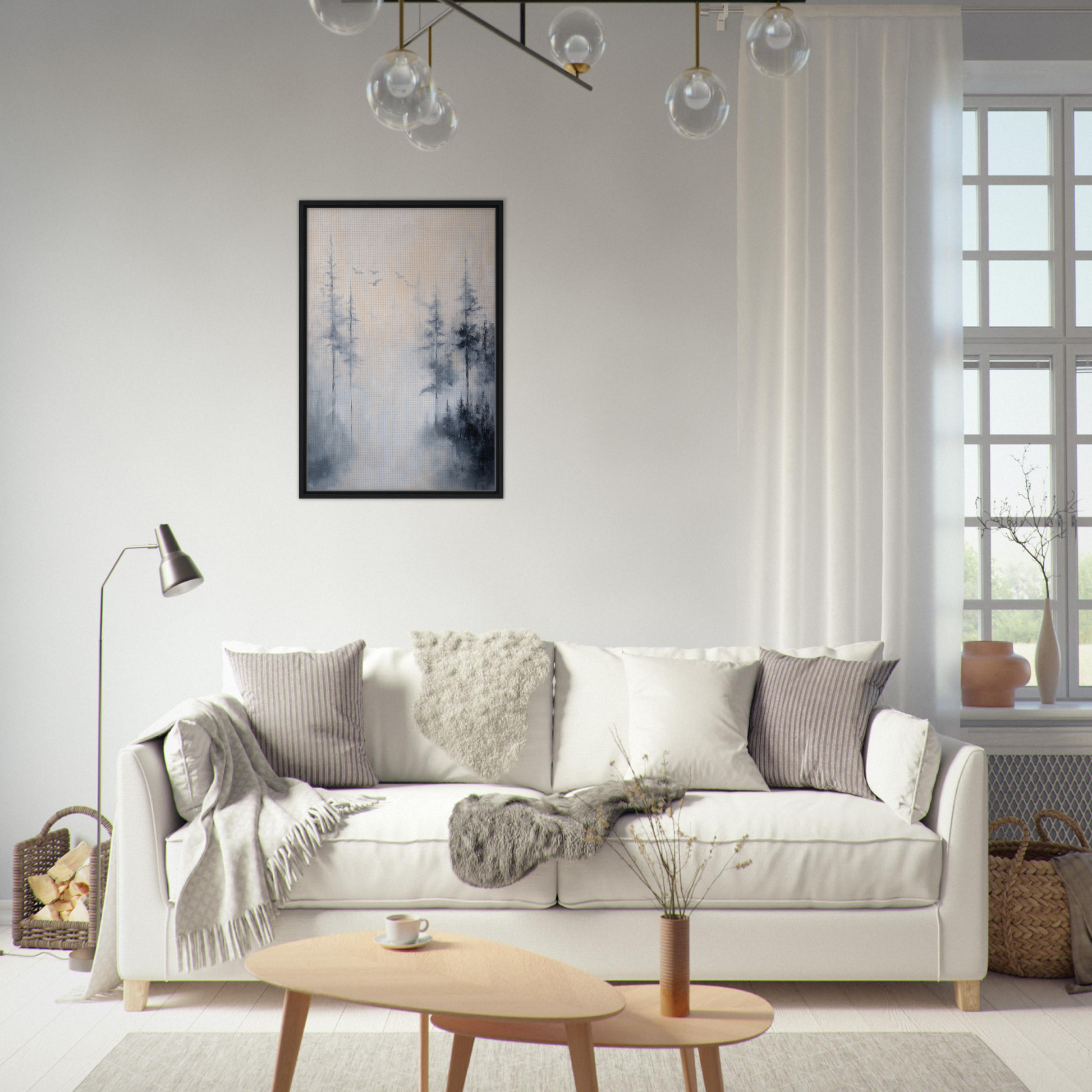 White sofa with throw pillows and blankets in Ethereal Mist Reflections framed canvas