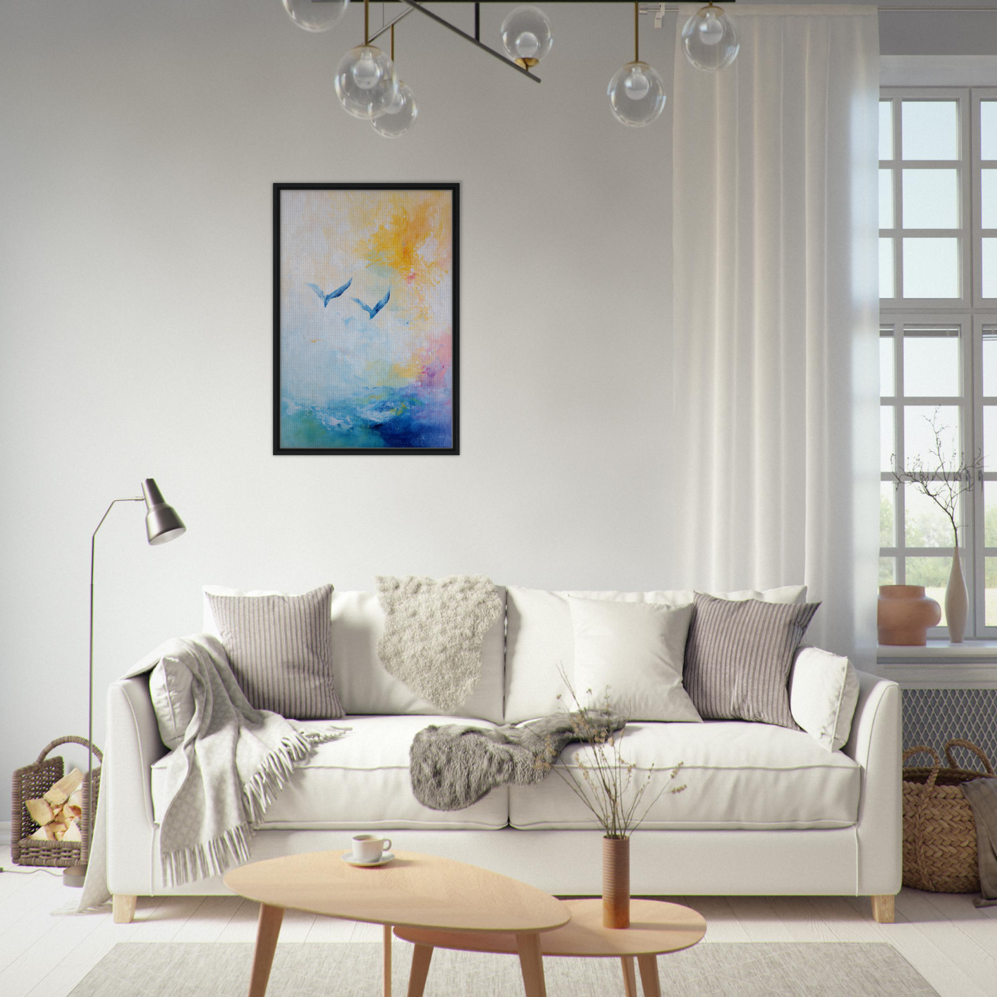 Elegant white sofa adorned with pillows and blankets from Ethereal Sky Soar room decor
