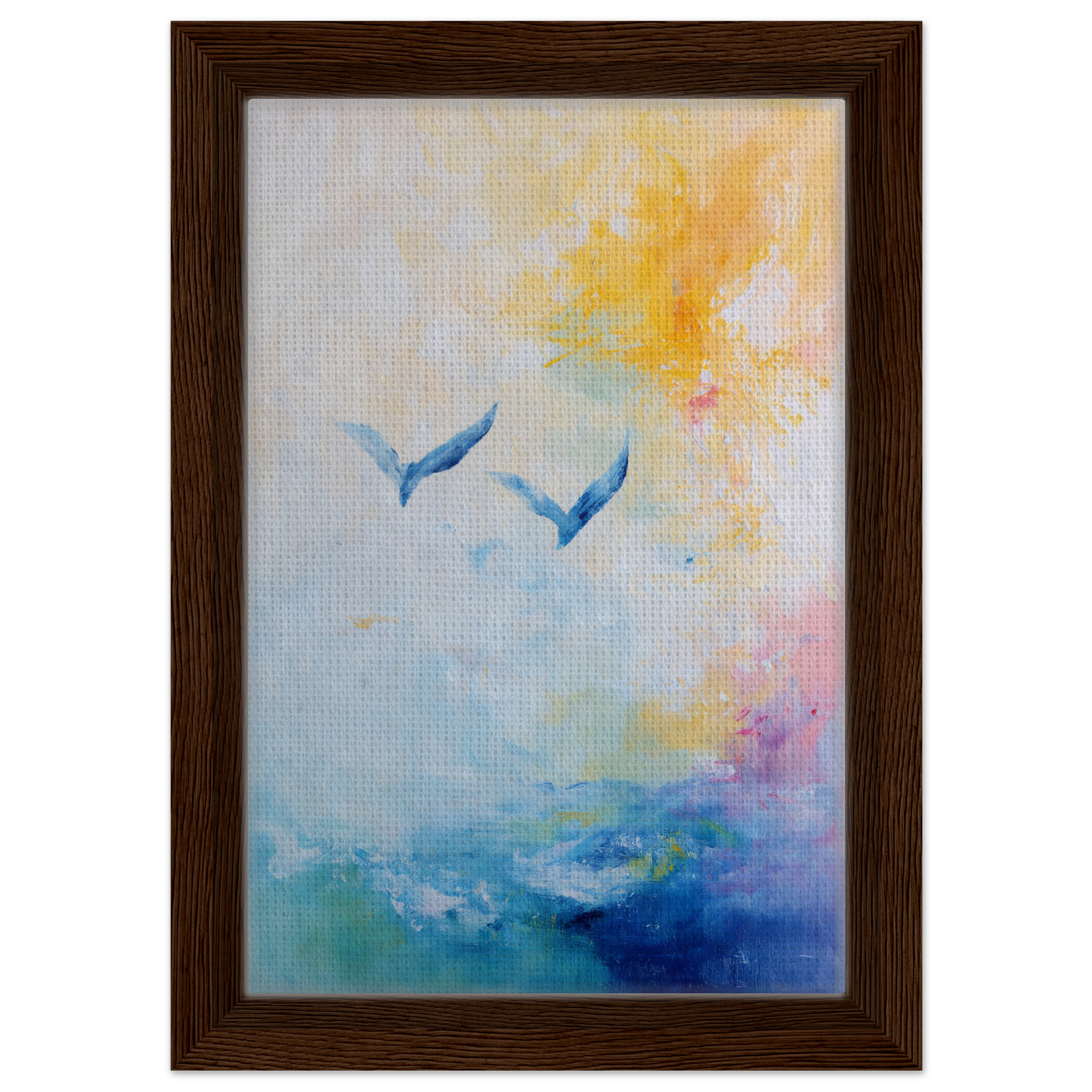 Framed abstract painting of blue birds in an Ethereal Sky Soar for stylish room decor