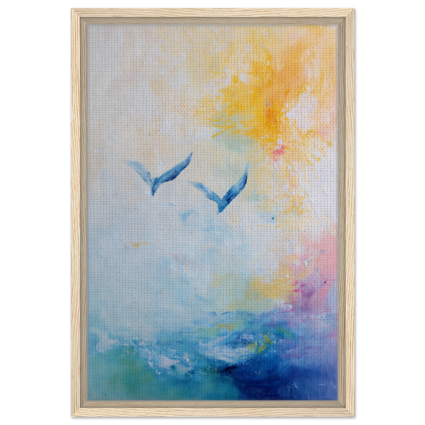 Abstract painting of blue bird-like shapes in Ethereal Sky Soar room decor