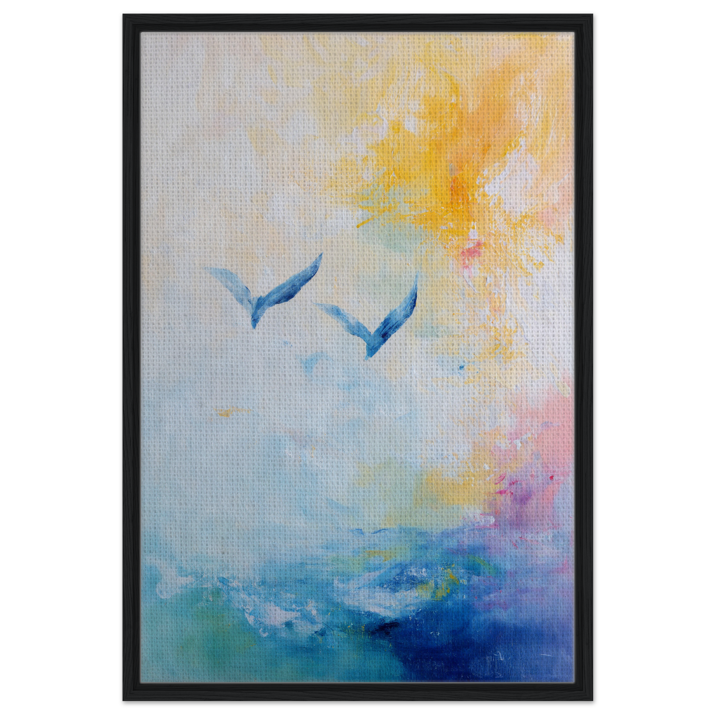 Abstract painting of blue bird silhouettes on vibrant background for Ethereal Sky Soar Framed Canvas Print