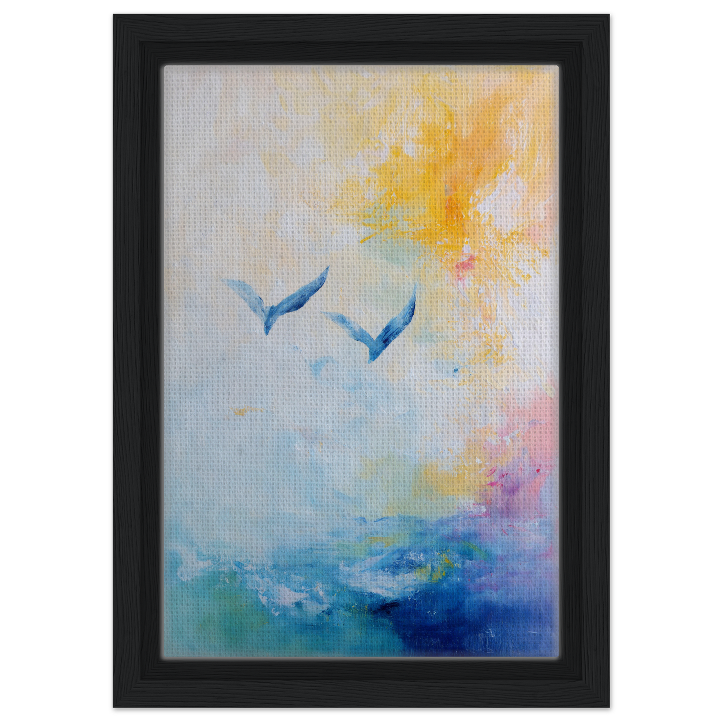 Framed canvas print of Ethereal Sky Soar with blue birds in a vibrant sky