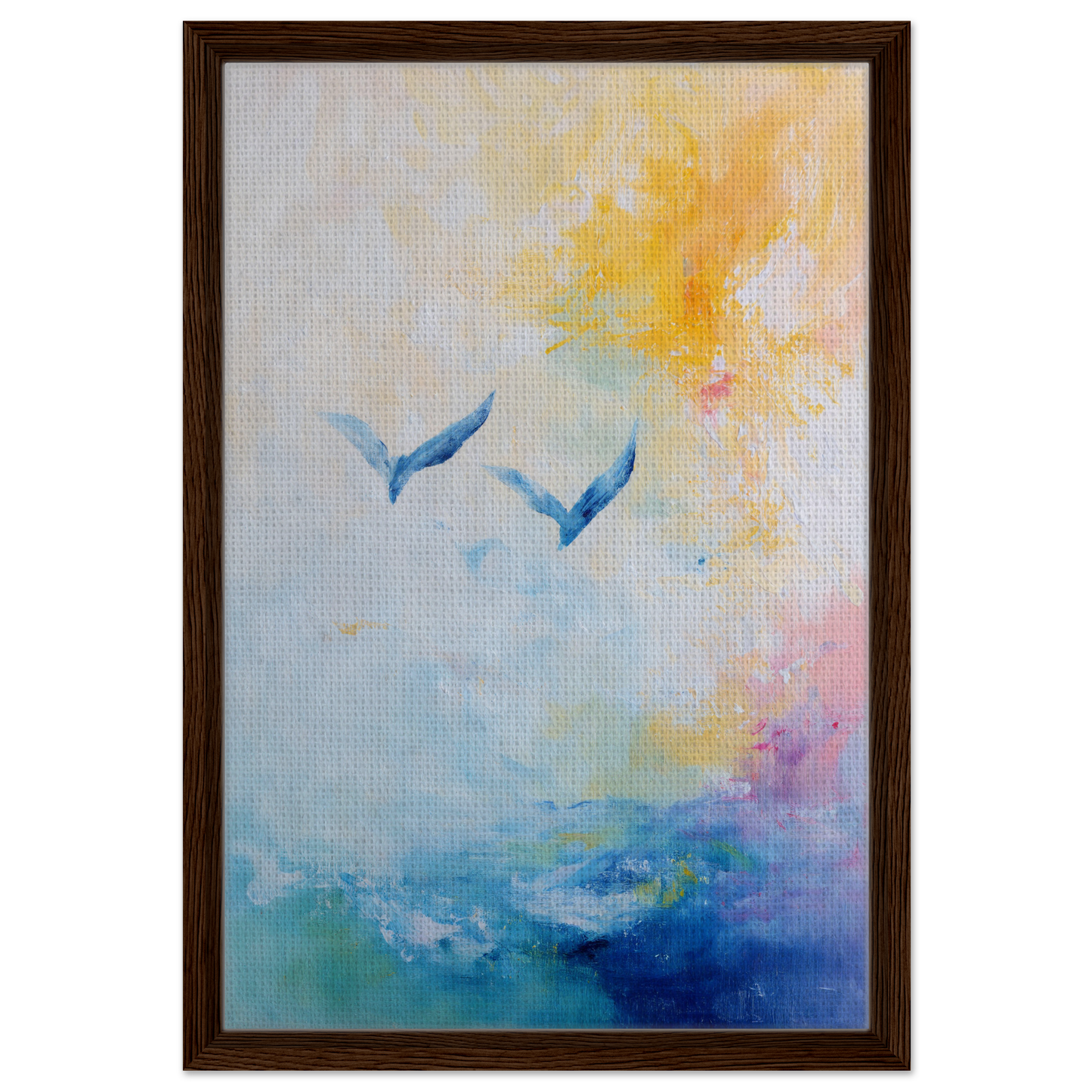 Framed canvas print of Ethereal Sky Soar with blue birds against a vibrant sky
