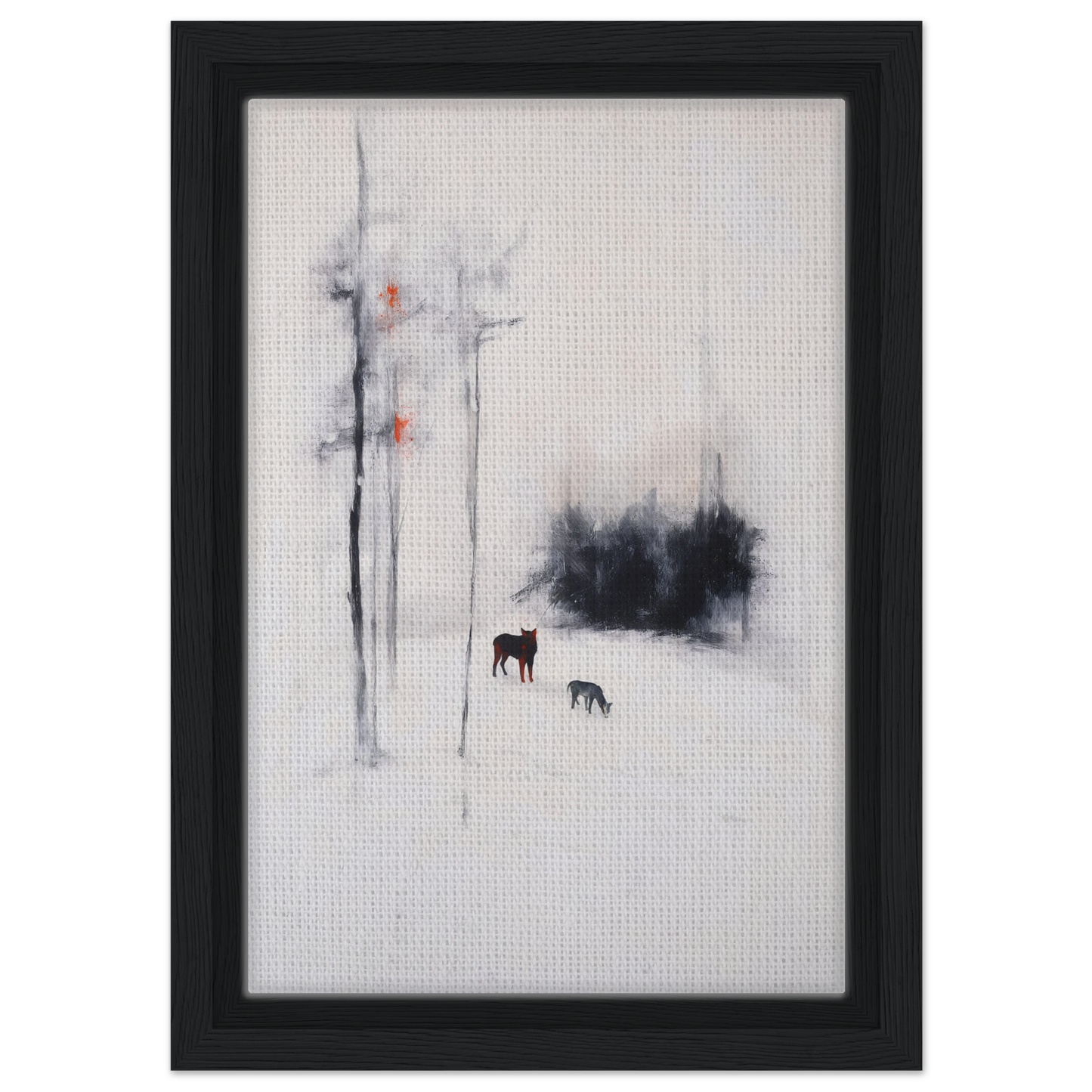 Framed minimalist painting of silhouetted animals in an ethereal snow chorus landscape