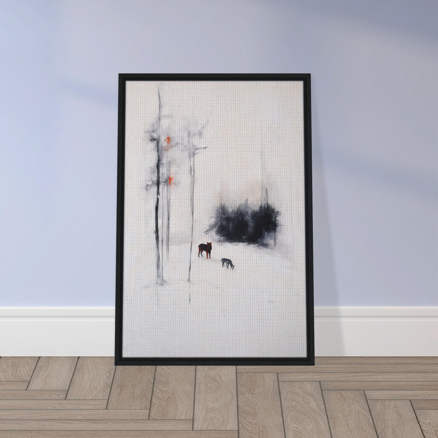 Framed minimalist artwork of a misty landscape with deer silhouettes for Ethereal Snow Chorus room decor