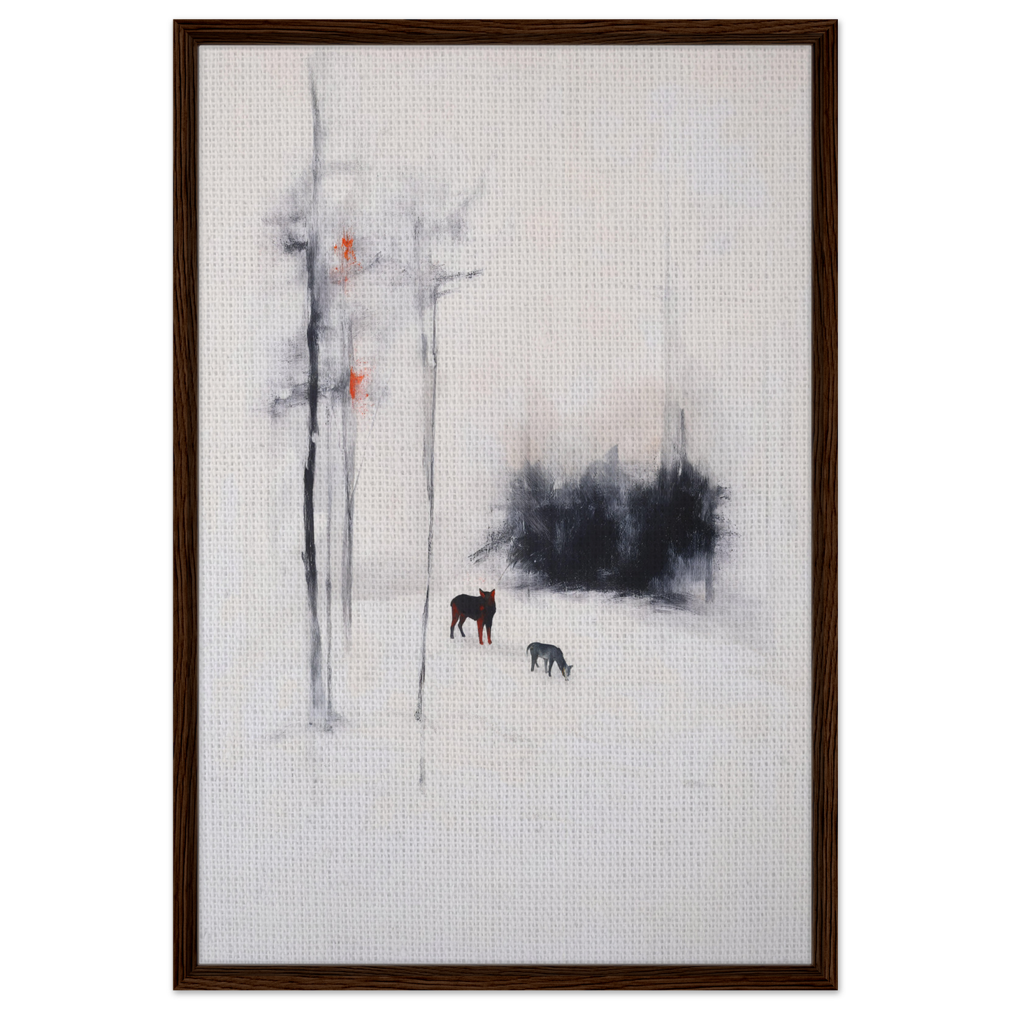 Minimalist painting of deer in a snowy forest for Ethereal Snow Chorus room decor
