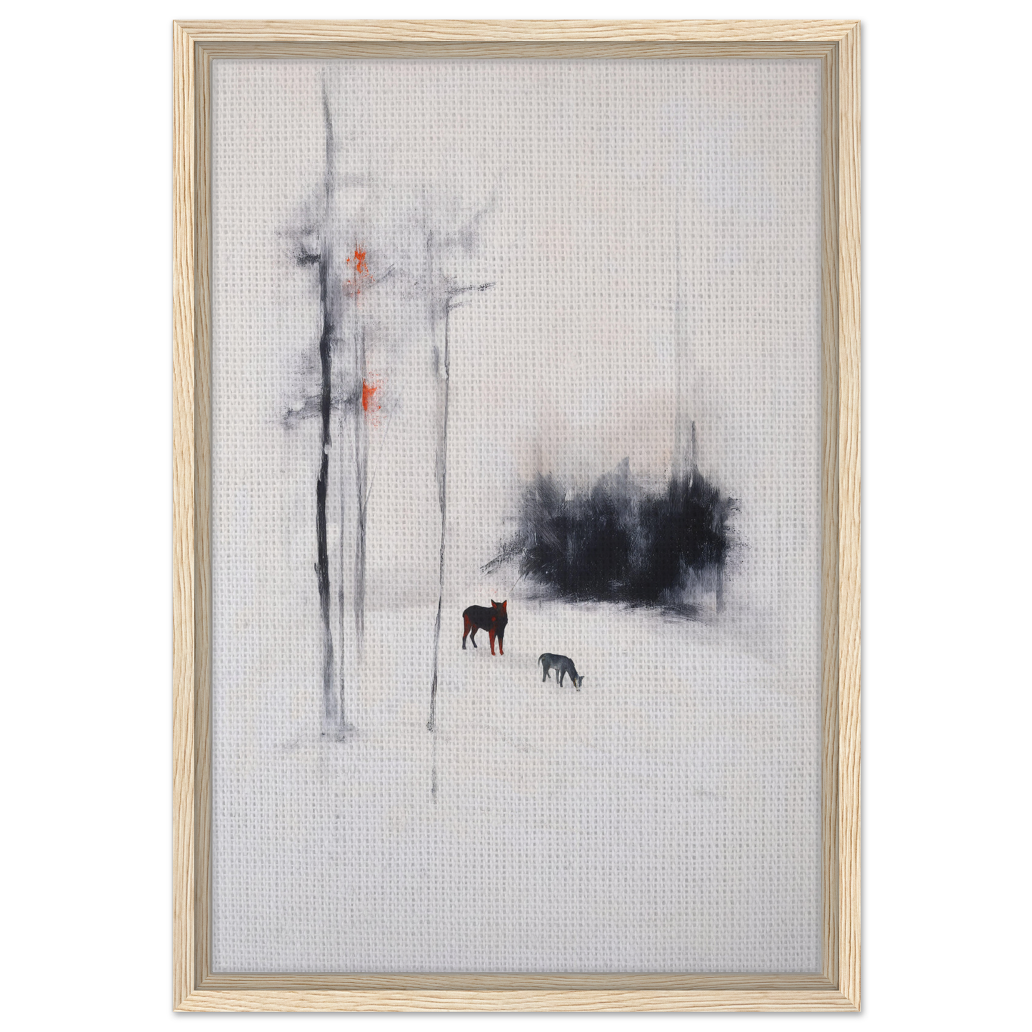 Framed abstract painting titled Ethereal Snow Chorus featuring a winter landscape with animals