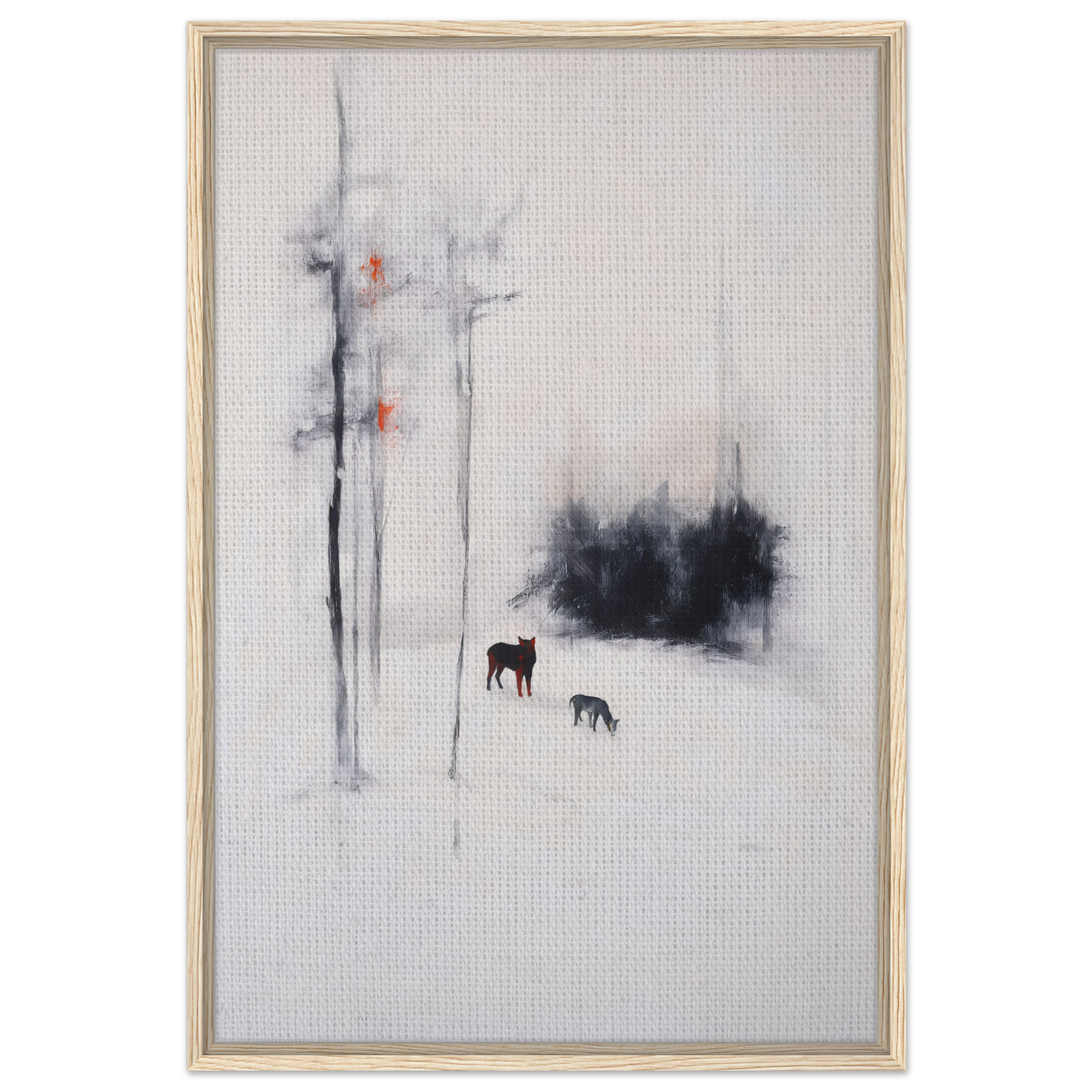 Abstract painting of two deer-like figures in an Ethereal Snow Chorus framed canvas print