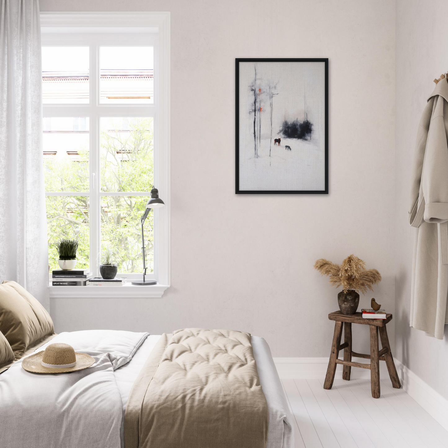 Bright minimalist bedroom featuring Ethereal Snow Chorus framed canvas print