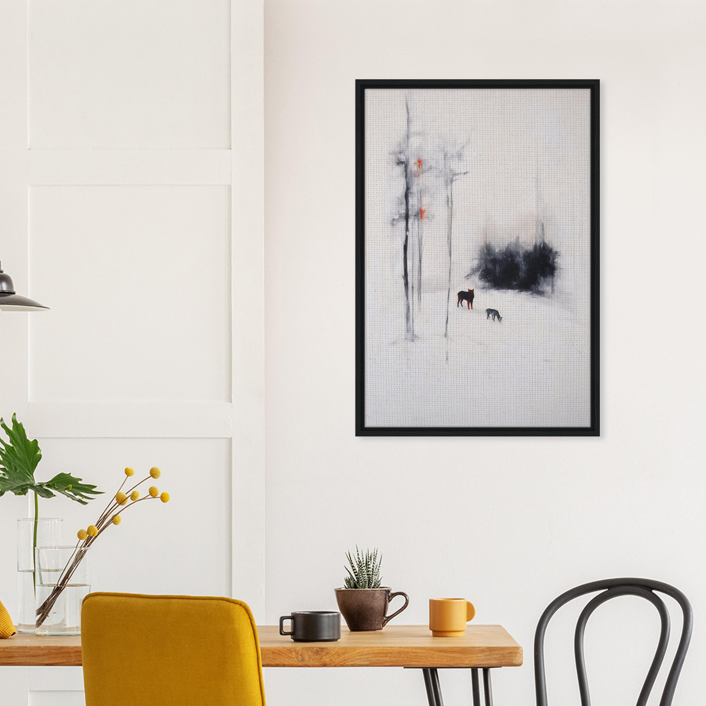 Framed minimalist artwork of winter landscape for Ethereal Snow Chorus room decor