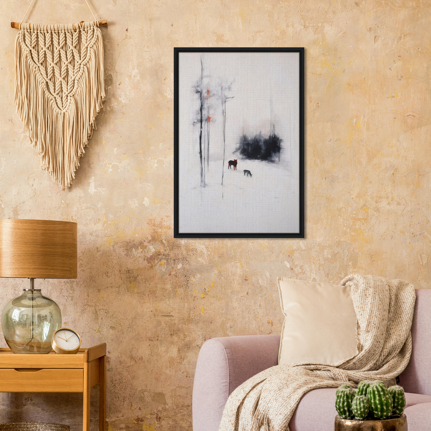 Framed canvas print of Ethereal Snow Chorus featuring a snowy landscape with two animals