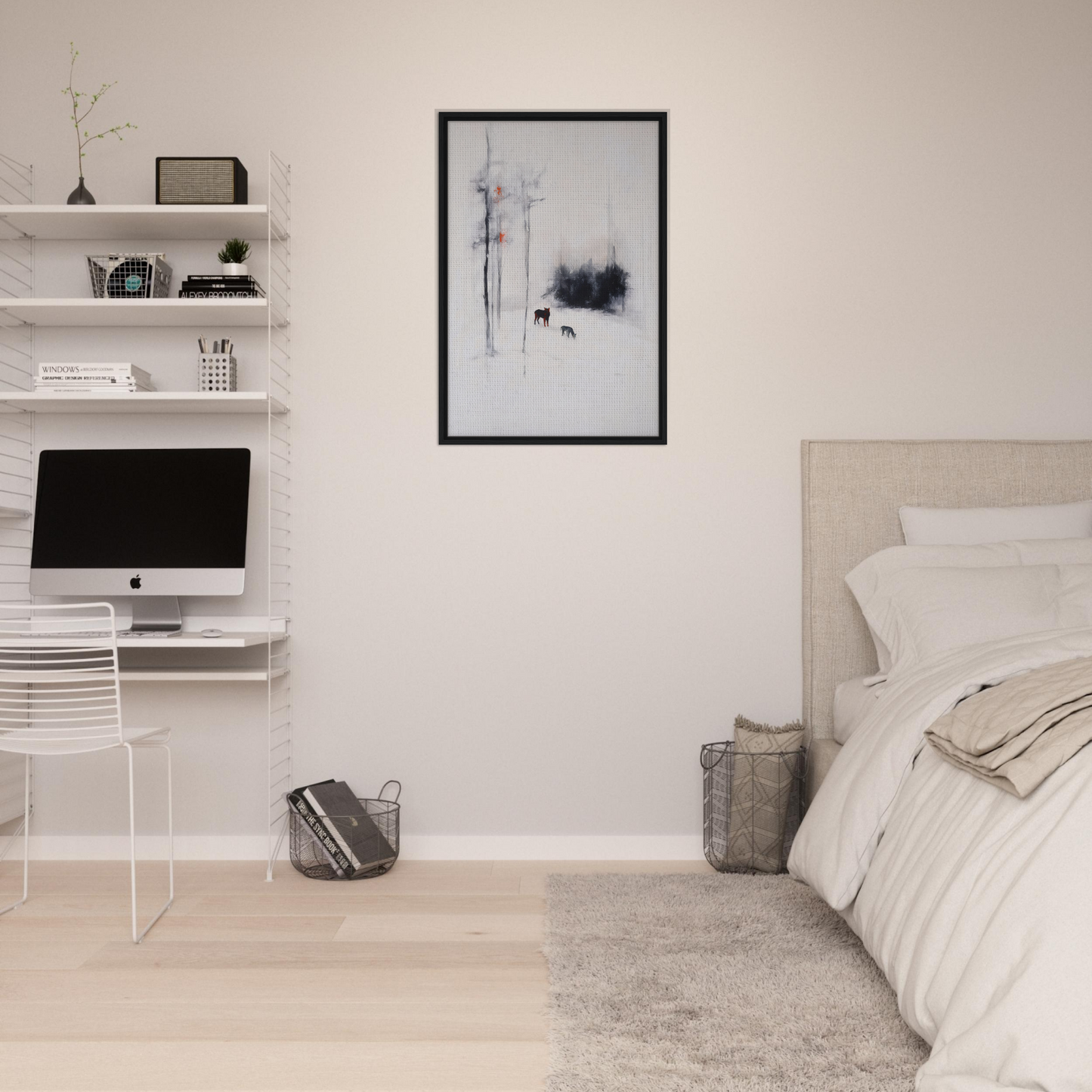 Minimalist bedroom featuring Ethereal Snow Chorus artwork for stylish room decor