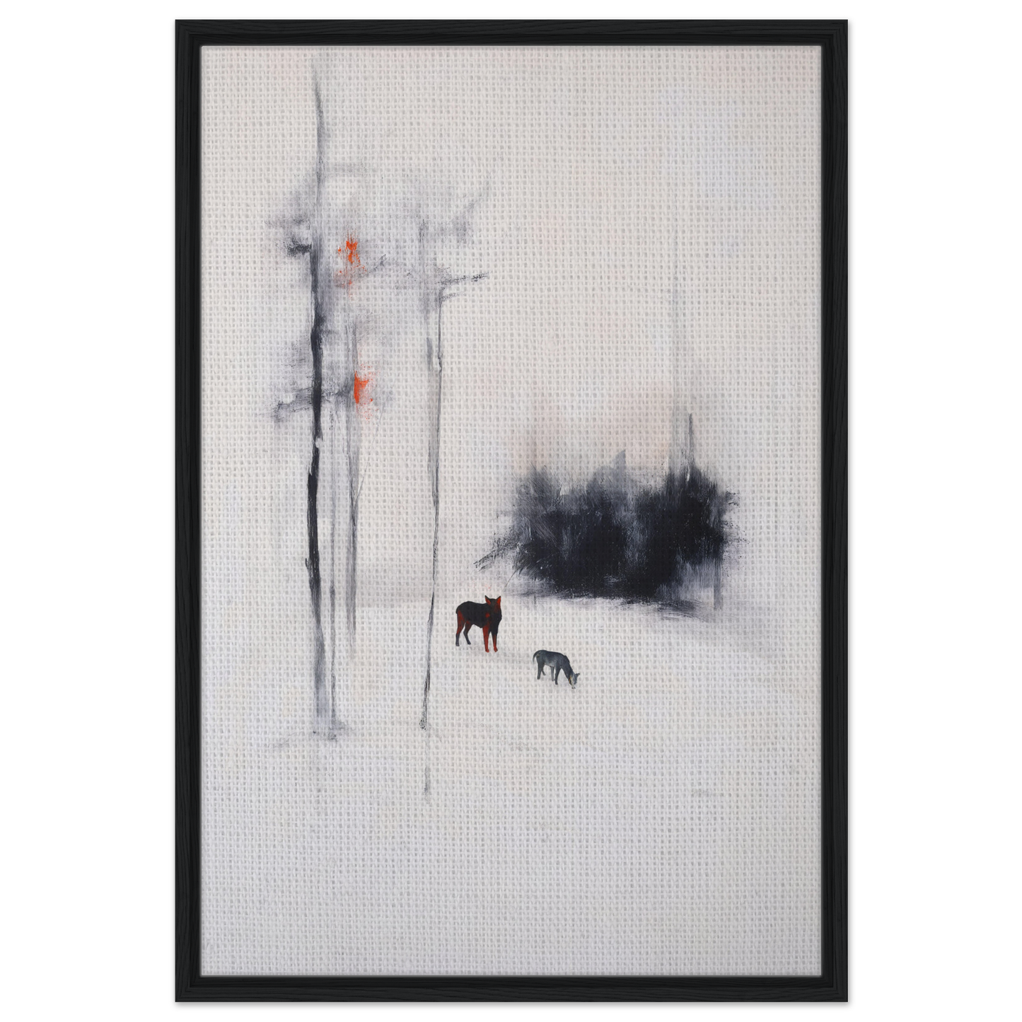 Framed abstract painting of two deer in a snowy landscape for Ethereal Snow Chorus room decor