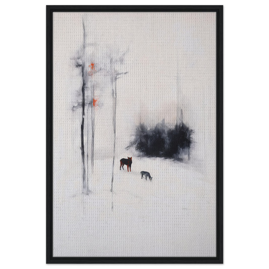 Framed abstract painting of two deer in a snowy landscape for Ethereal Snow Chorus room decor