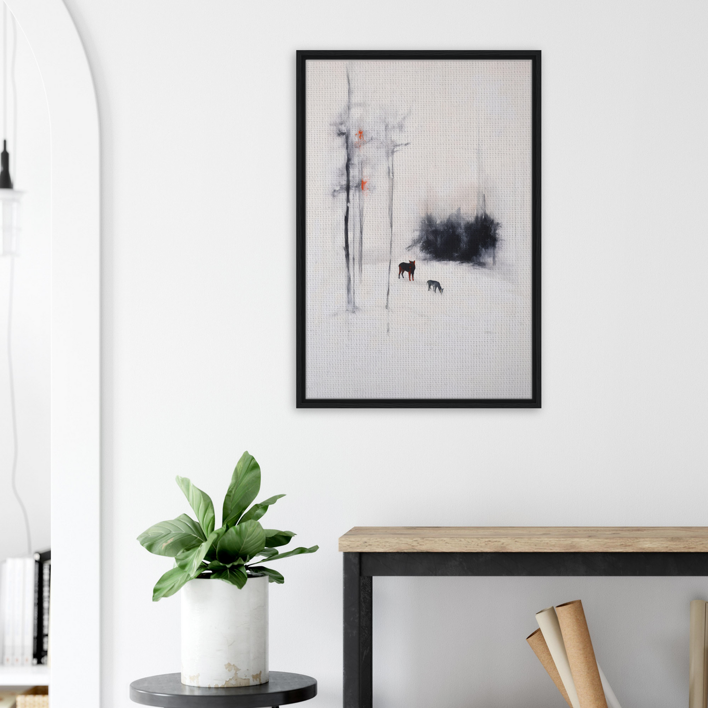 Framed canvas print of Ethereal Snow Chorus featuring a winter landscape and silhouetted animals