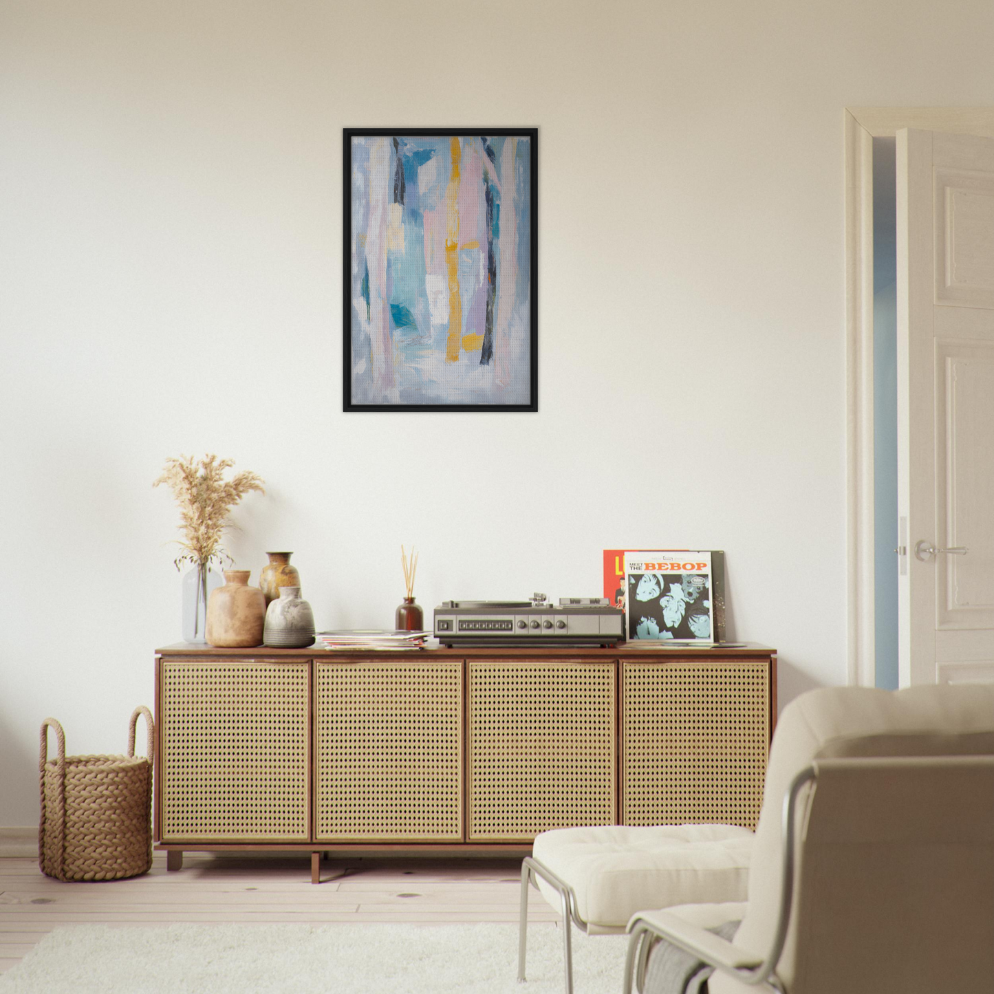 Wooden sideboard with cane-webbed doors showcasing Ethereal Tree Murmur decor