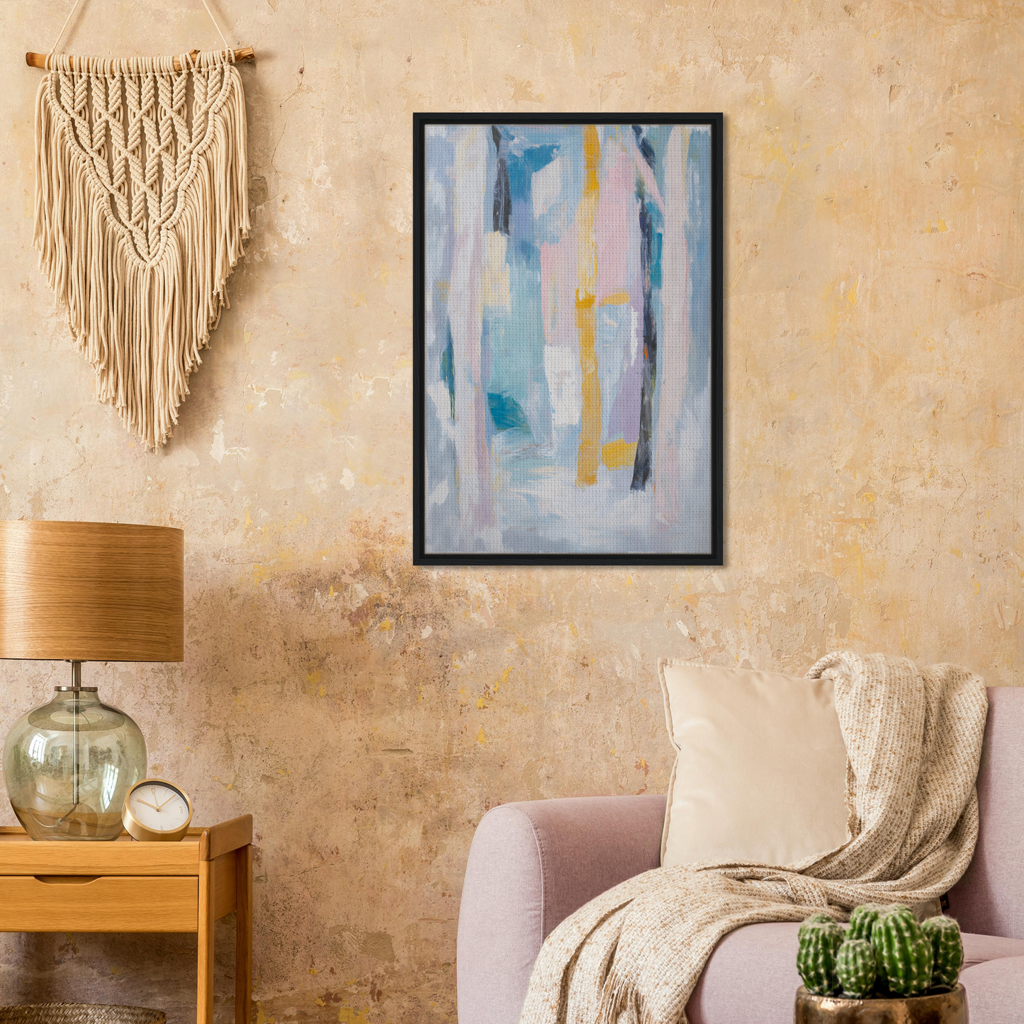 Framed canvas print featuring Ethereal Tree Murmur with soft blue, white, and yellow brushstrokes