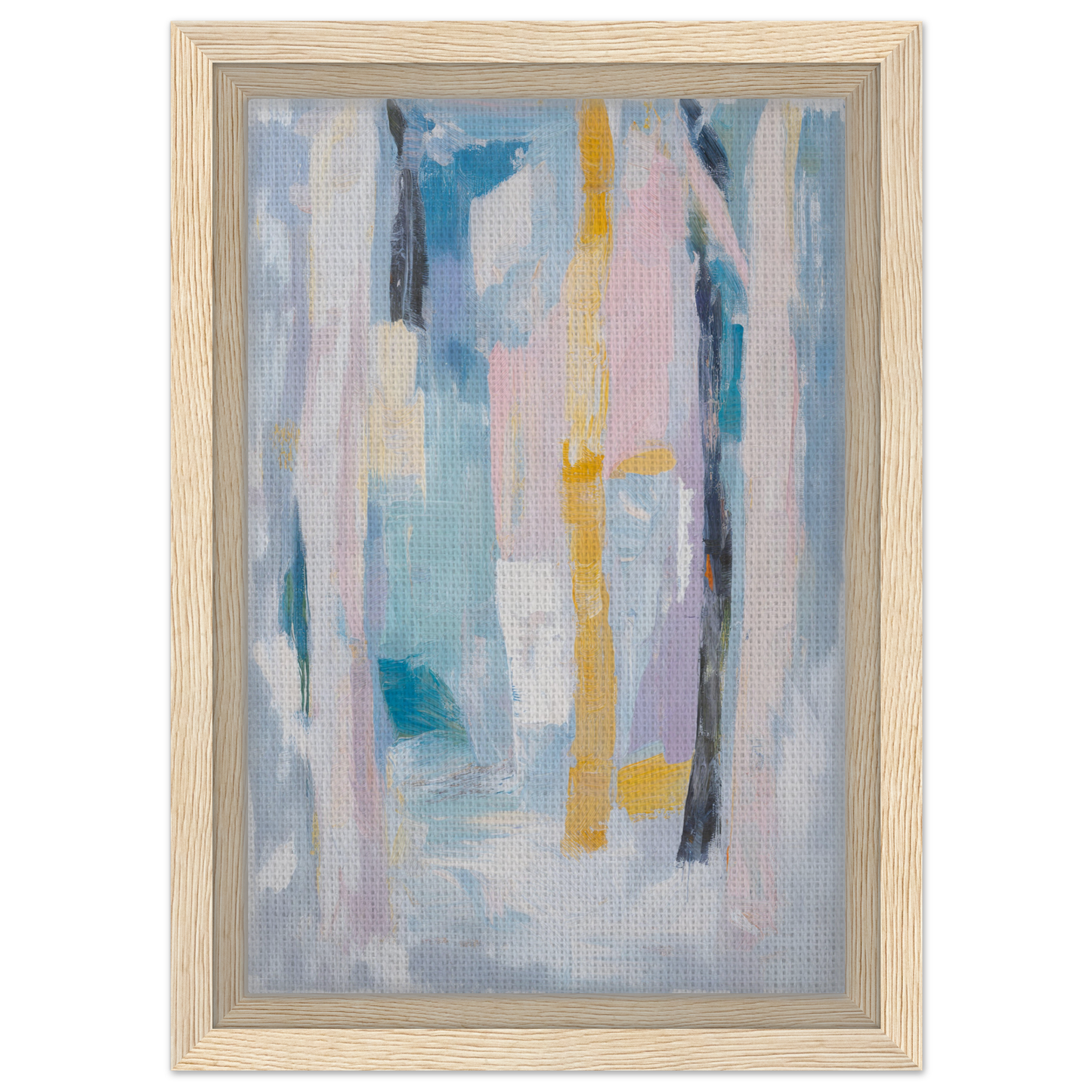 Abstract painting with vertical brushstrokes in soft hues, Ethereal Tree Murmur framed canvas print