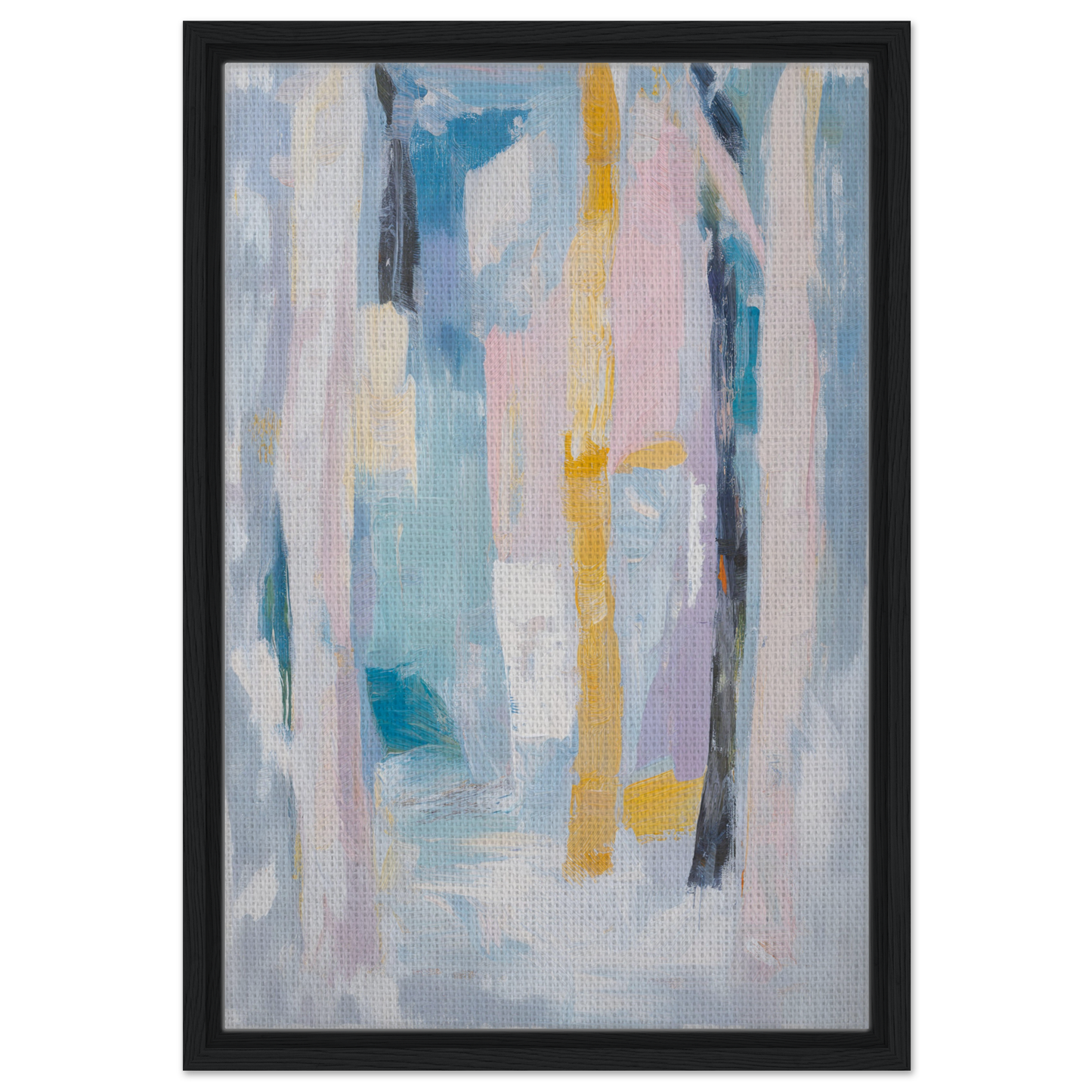 Abstract painting in Ethereal Tree Murmur showcasing blue, yellow, and pastel streaks