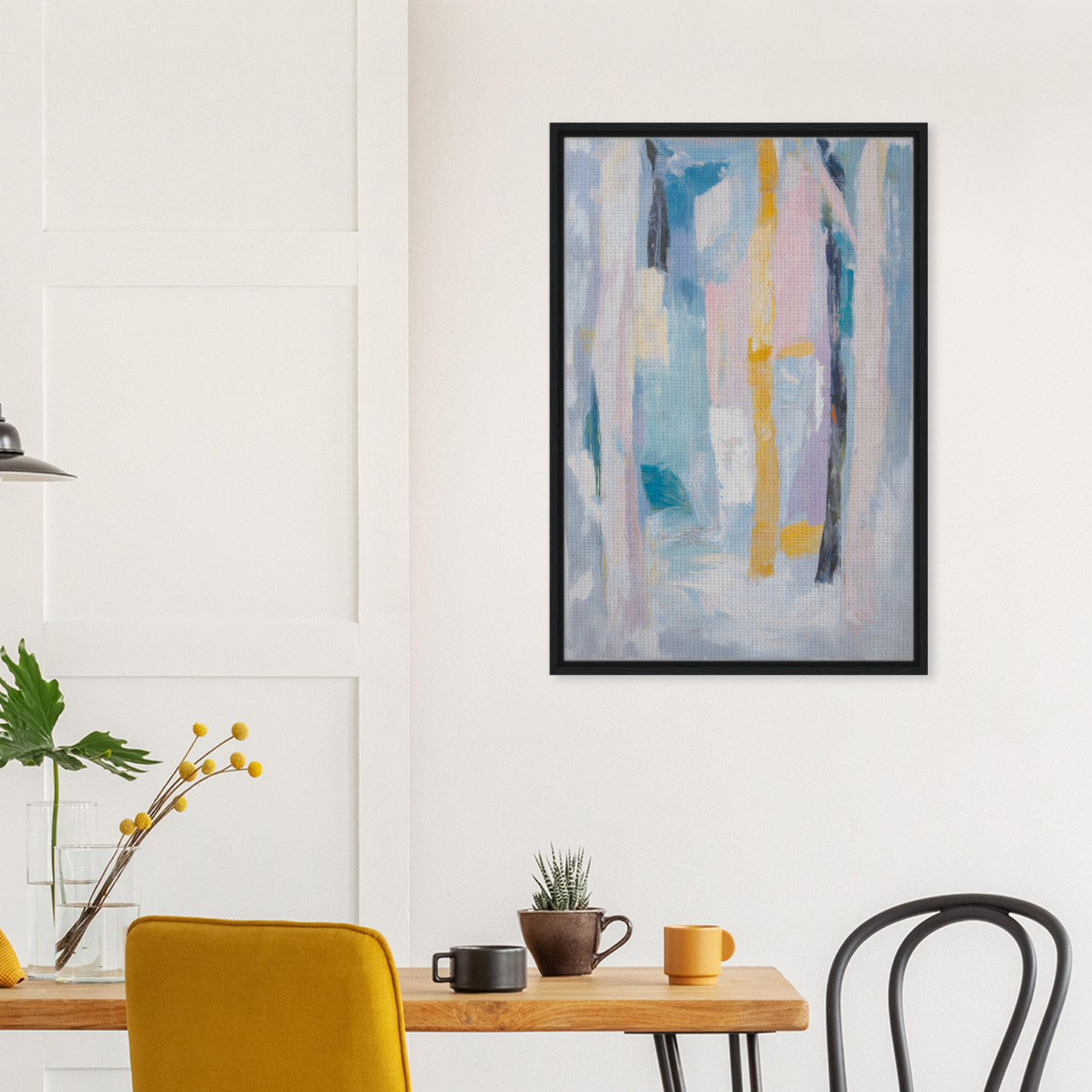 Abstract painting with vertical streaks in soft blues and yellows, Ethereal Tree Murmur framed canvas print