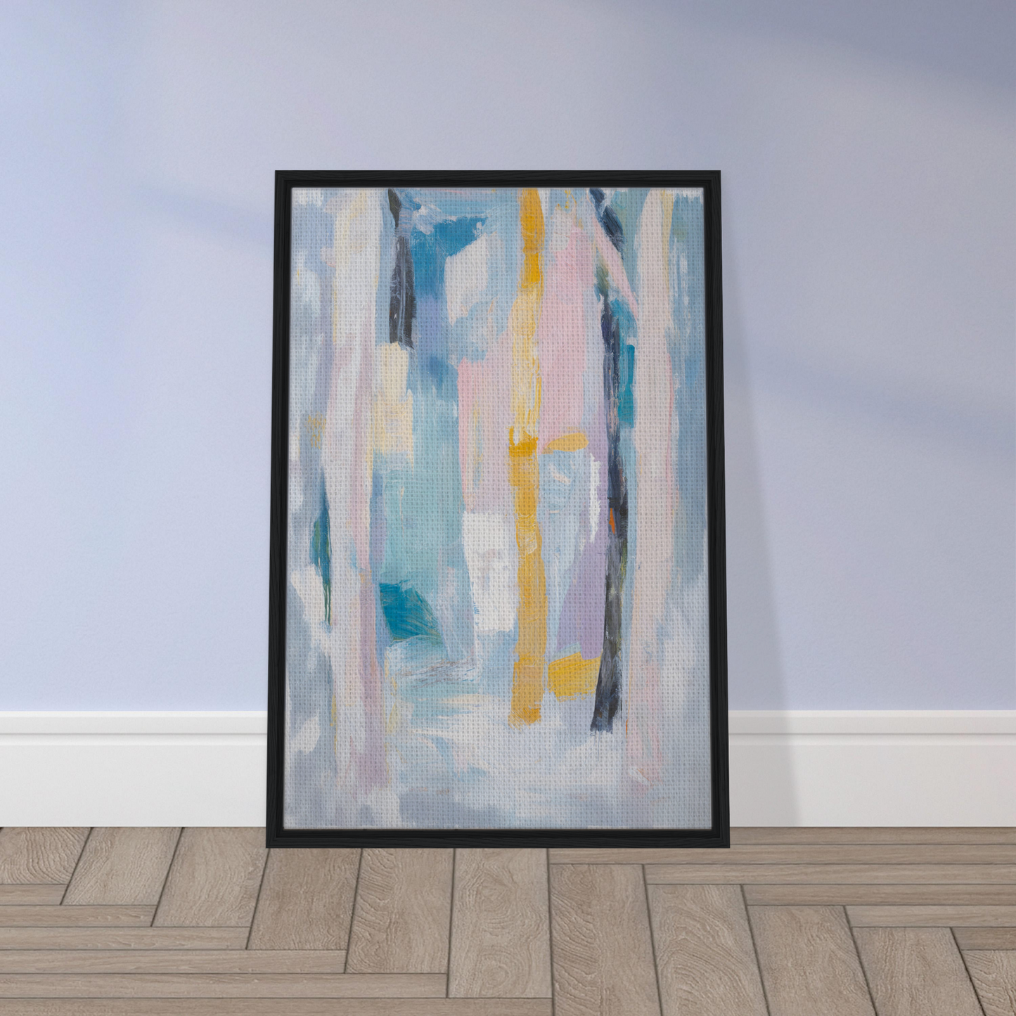 Framed canvas print of Ethereal Tree Murmur with soft pastel colors and vertical brushstrokes