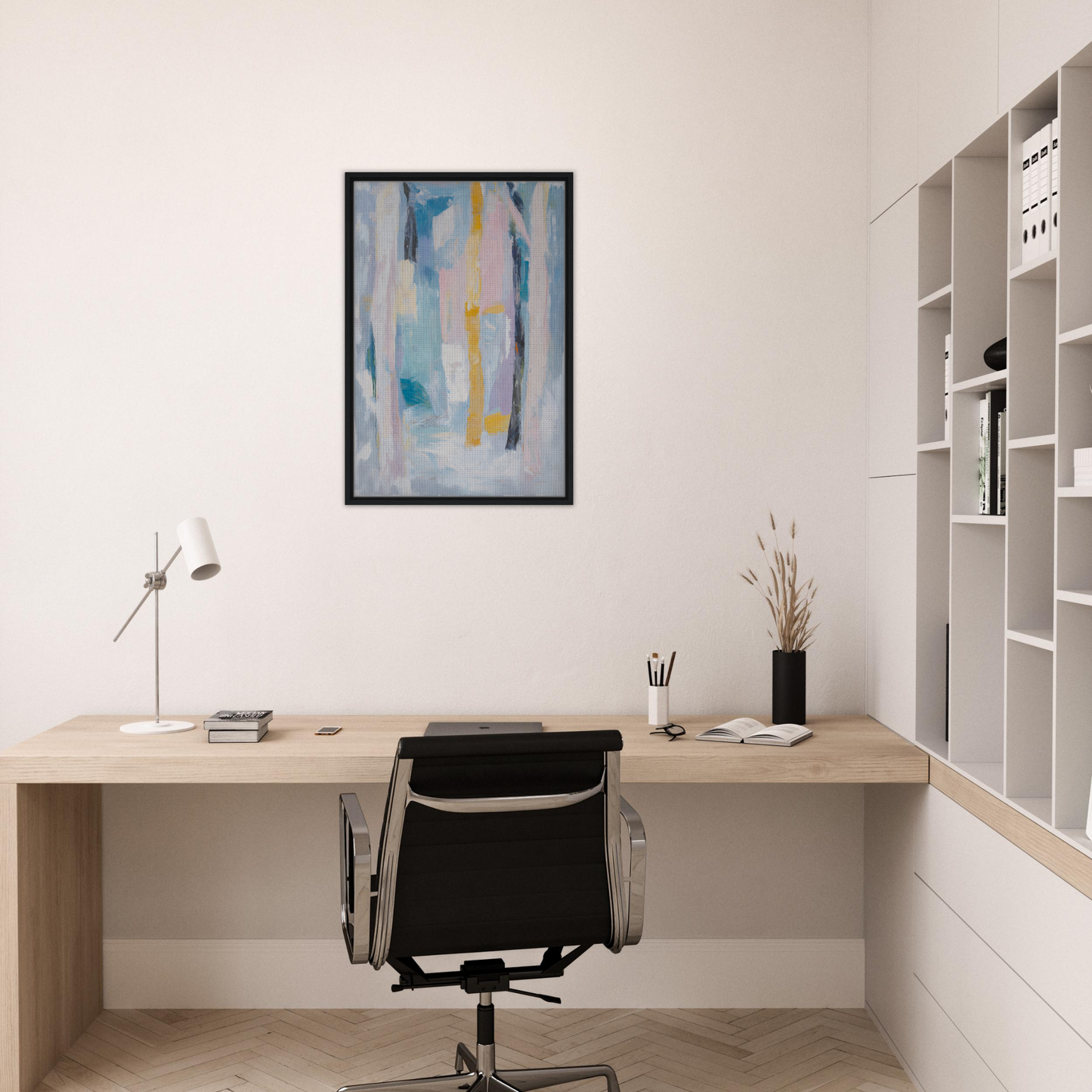 Minimalist home office featuring Ethereal Tree Murmur framed canvas print and stylish desk