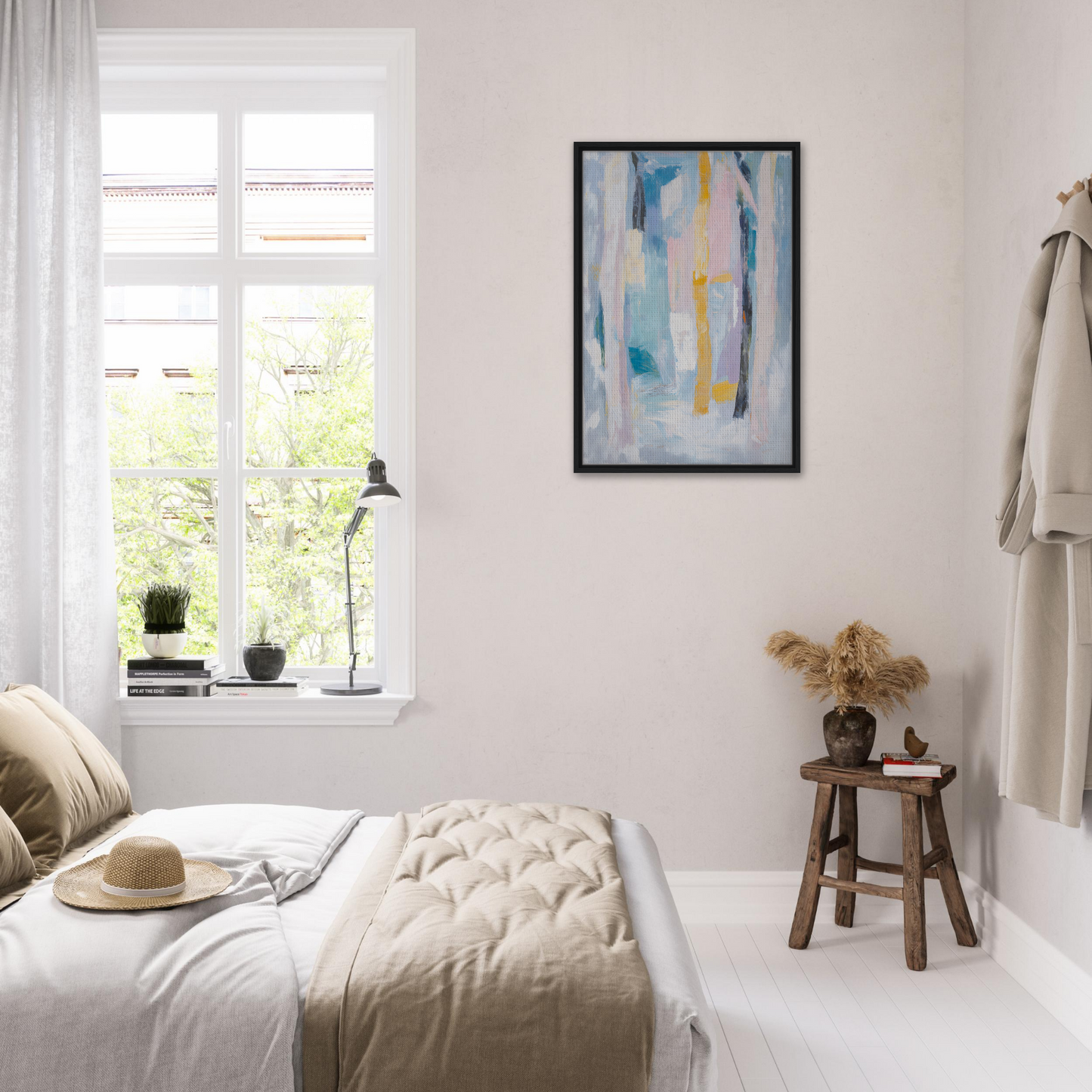 Bright, airy bedroom featuring Ethereal Tree Murmur framed canvas print and minimalist decor