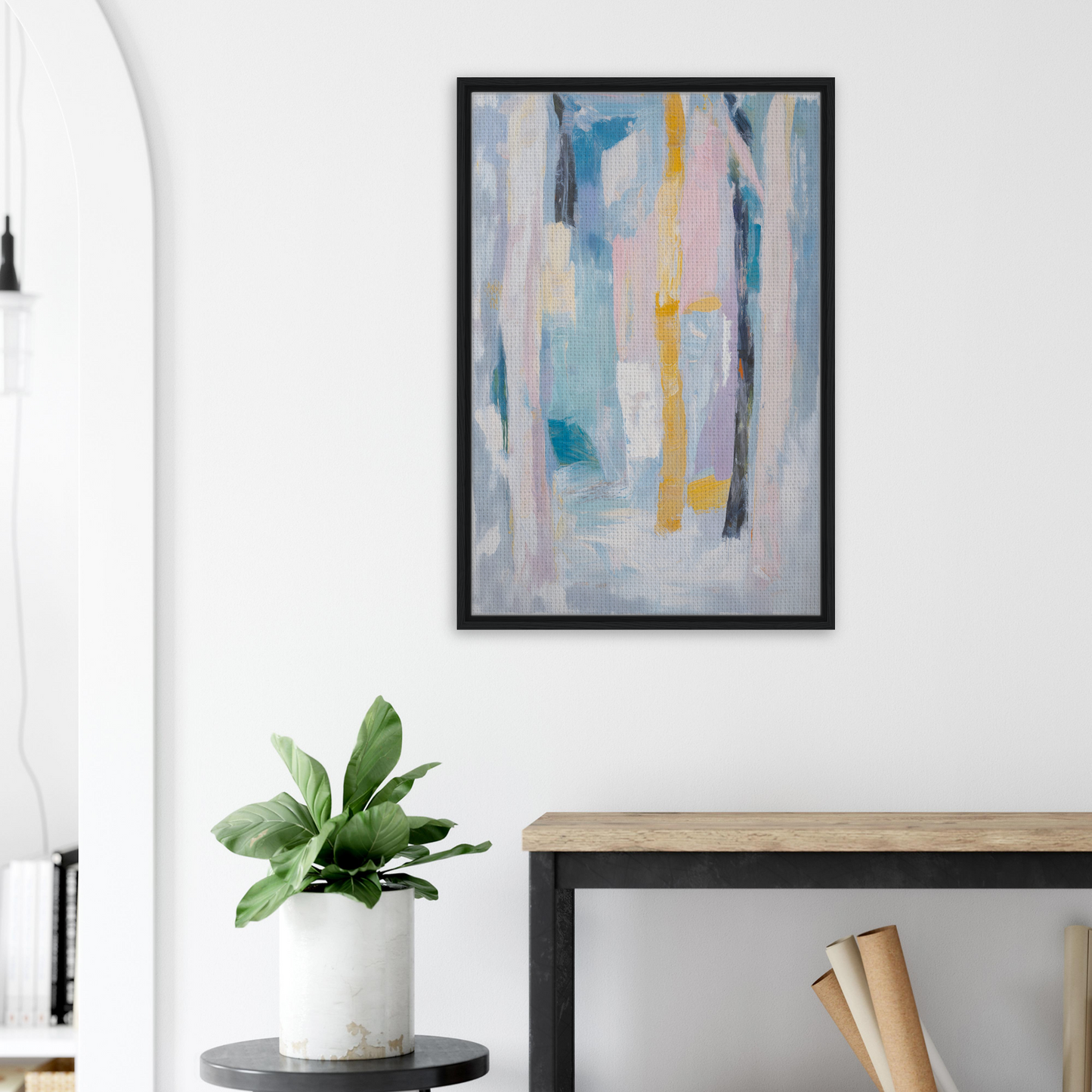 Abstract painting in blue, yellow, and gray tones for Ethereal Tree Murmur room decor