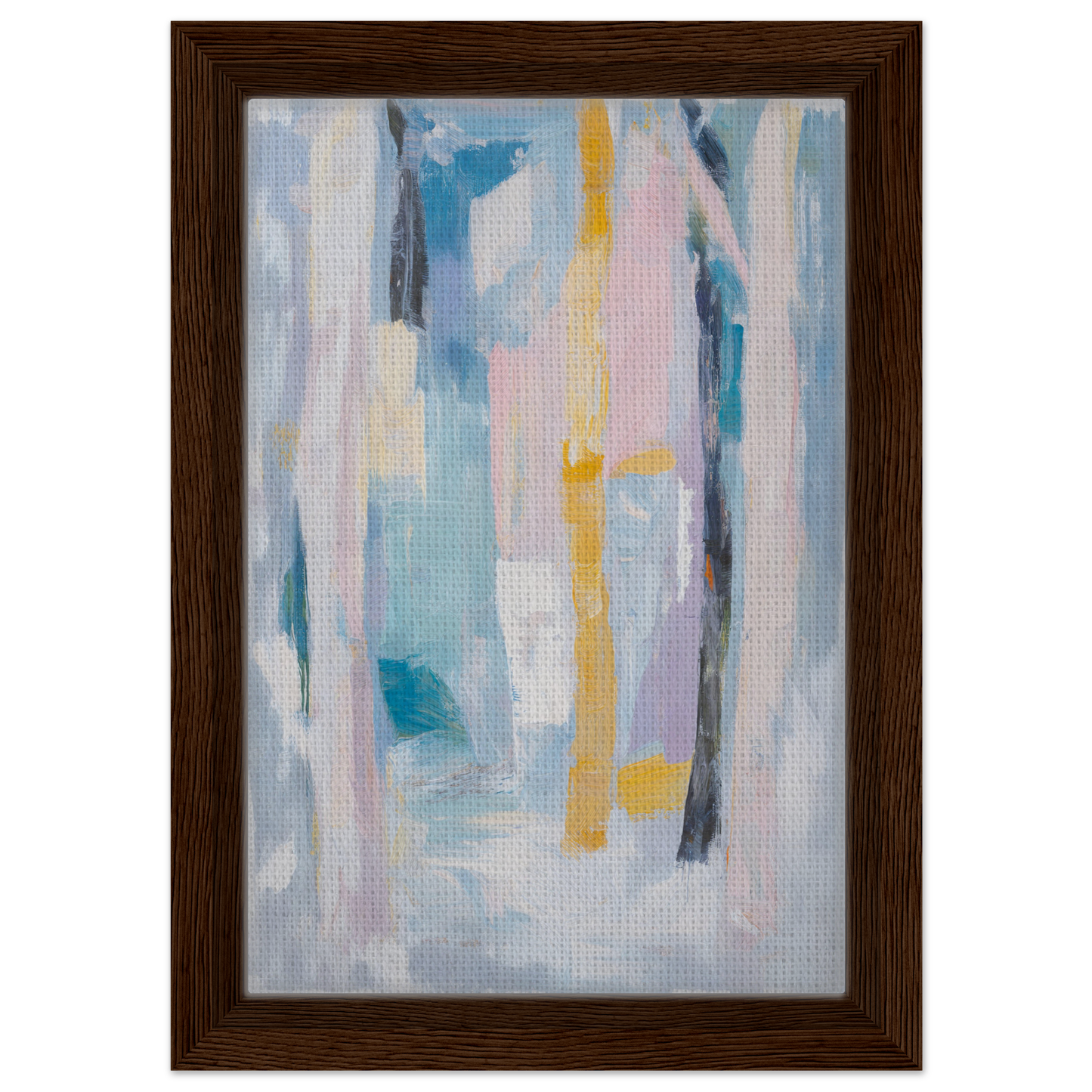 Abstract painting with vertical brushstrokes in pastel colors, Ethereal Tree Murmur framed canvas print