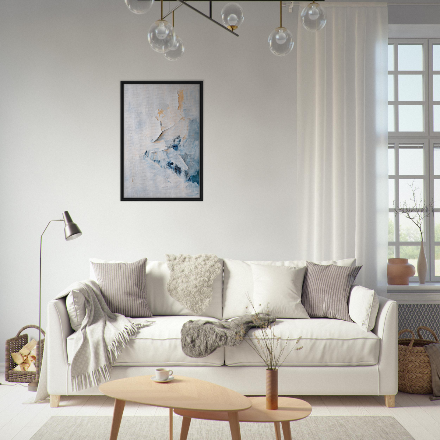 White sofa adorned with assorted throw pillows and blankets from Etheric Silence Dreaming