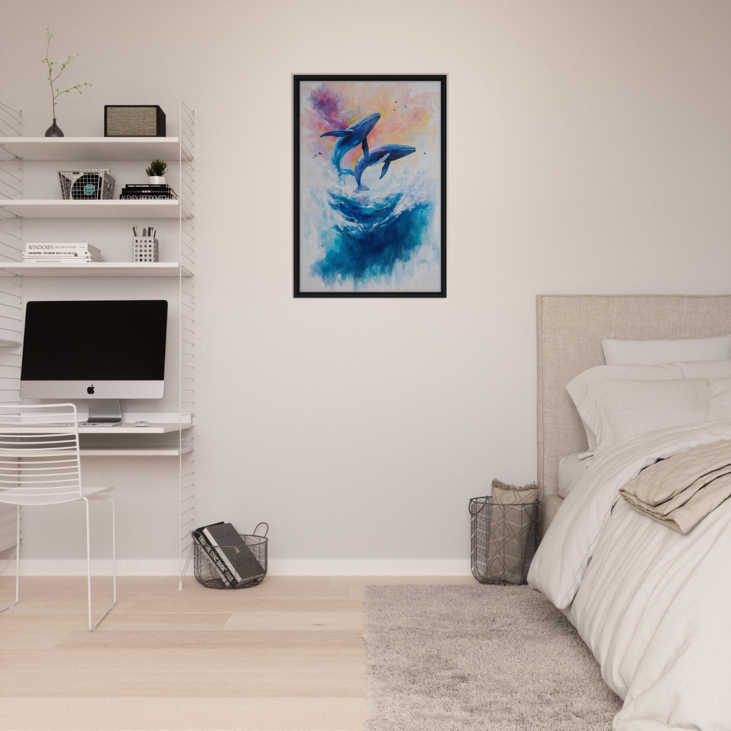 Framed watercolor painting of a blue whale from Euphoria Northbound Sunrise room decor