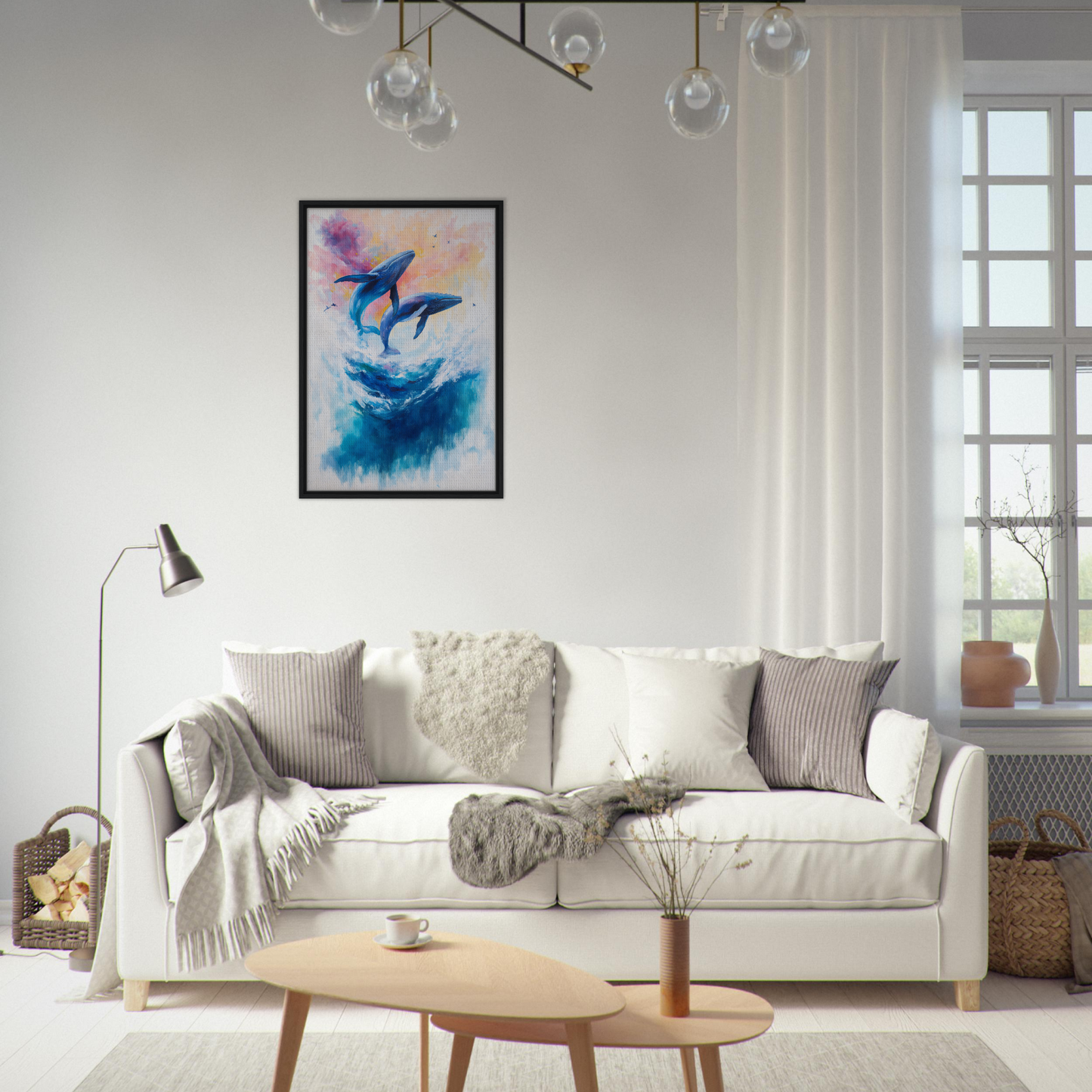 Elegant white sofa adorned with throw pillows and blankets from Euphoria Northbound Sunrise