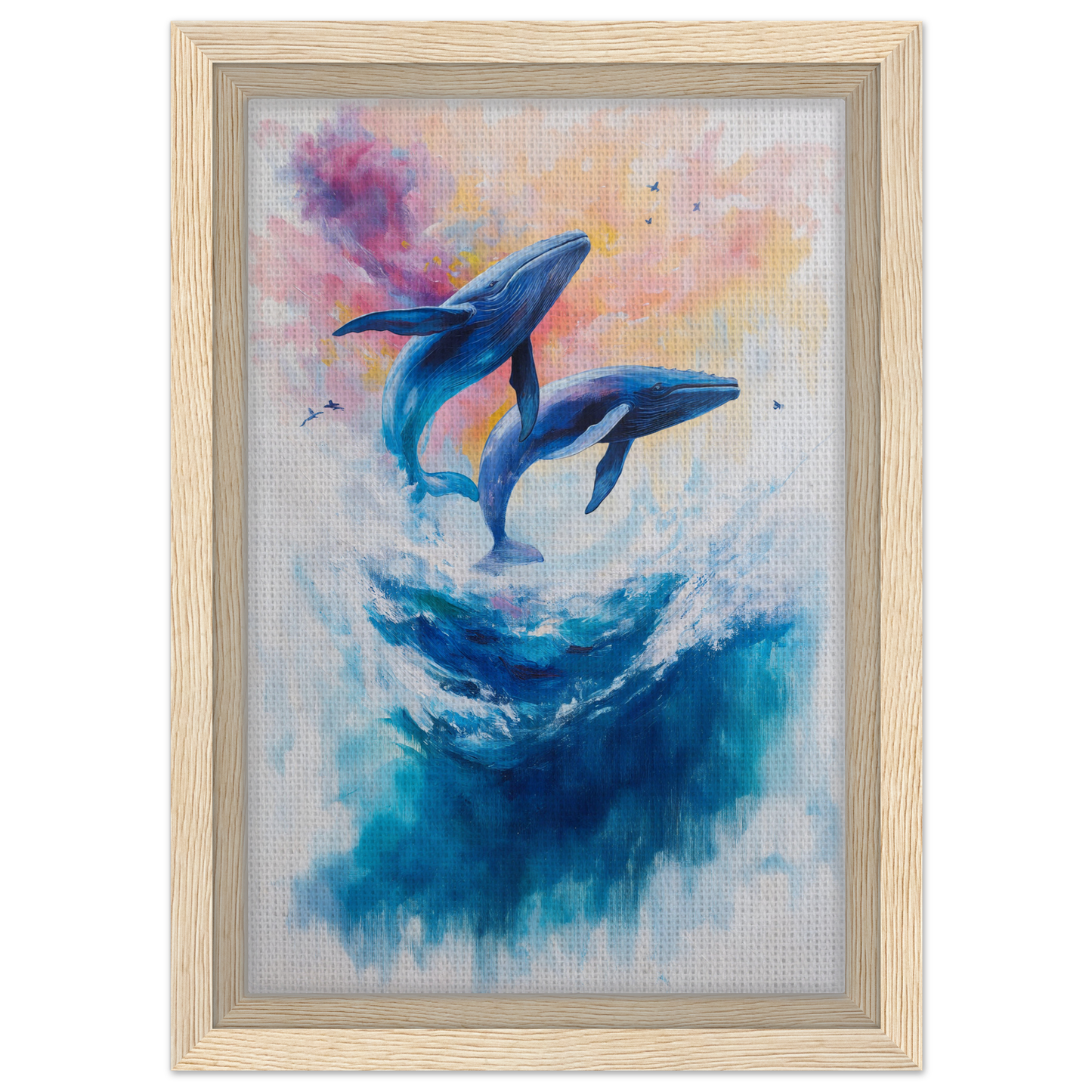 Framed painting of blue whales leaping in Euphoria Northbound Sunrise room decor