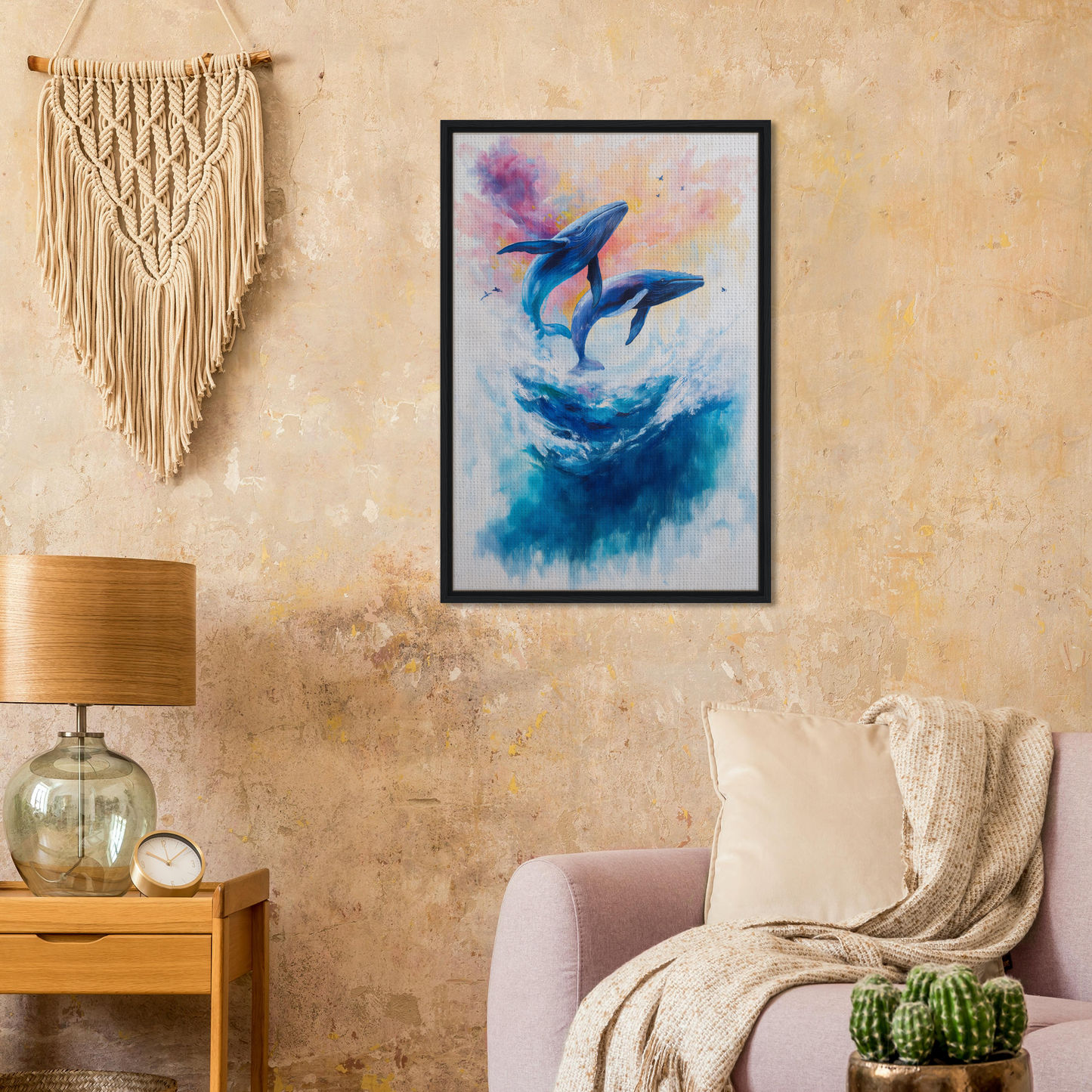 Framed watercolor of blue whales leaping, ideal for Euphoria Northbound Sunrise room decor