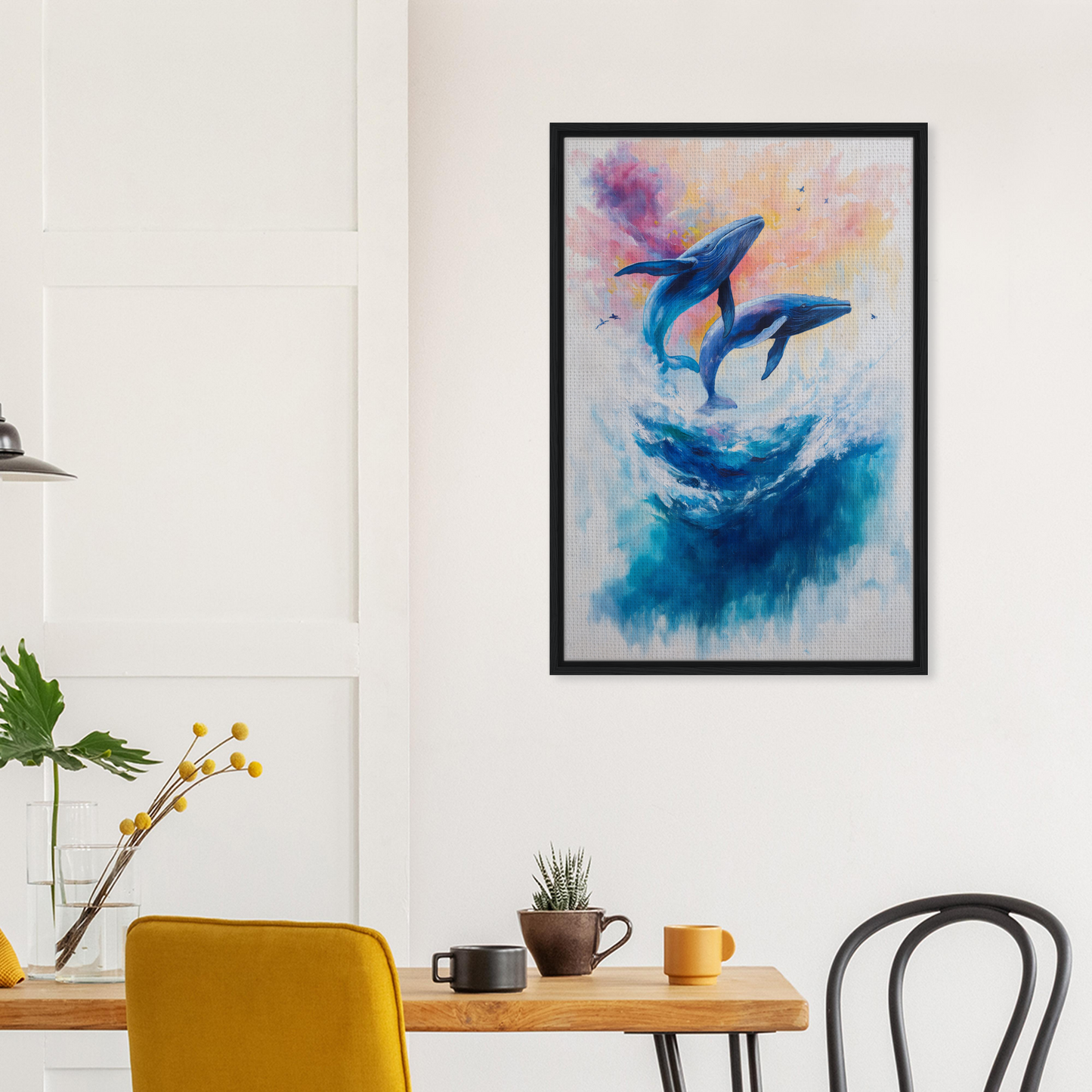Framed watercolor painting of two whales leaping above ocean waves for Euphoria Northbound Sunrise