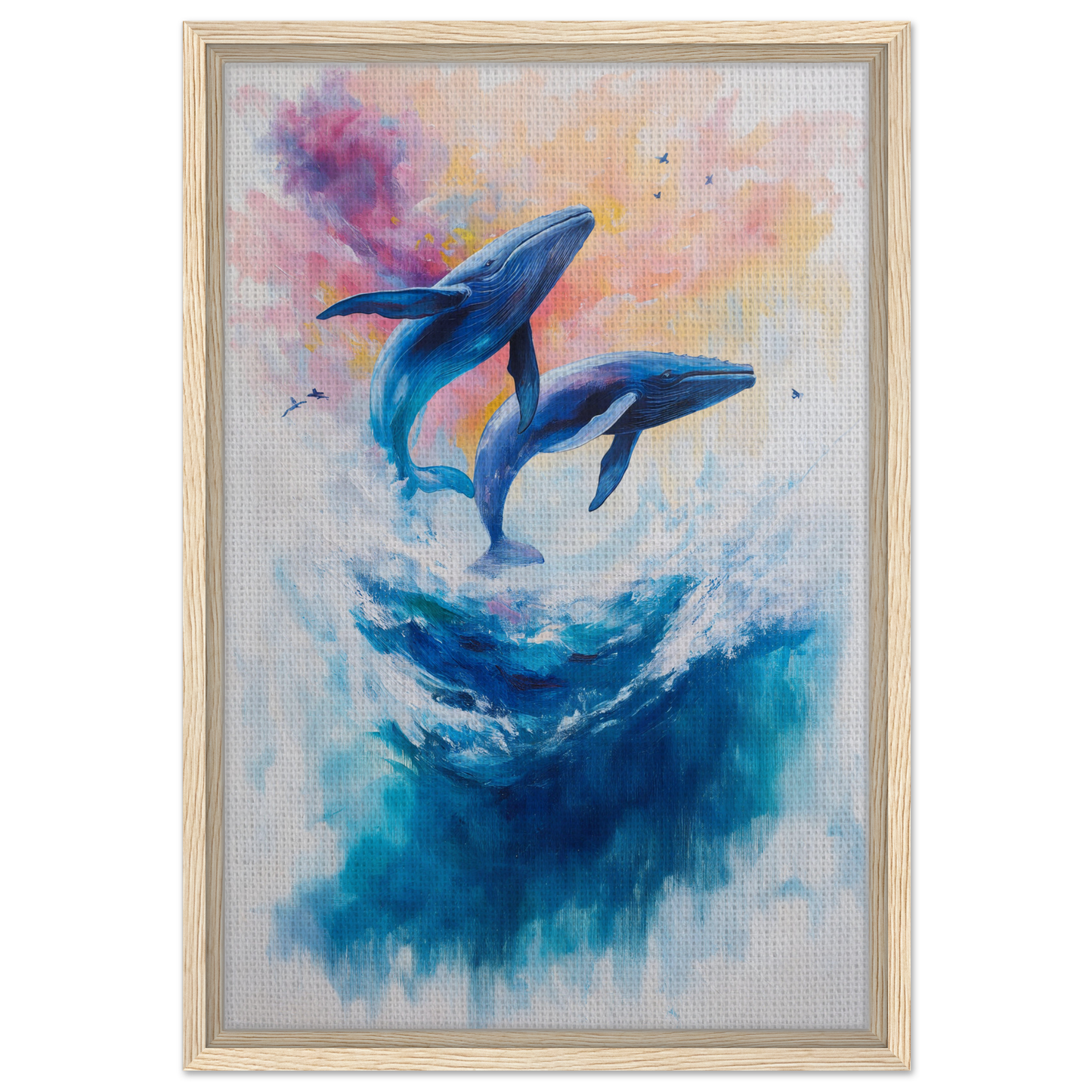 Framed canvas print of two blue whales leaping in Euphoria Northbound Sunrise waves
