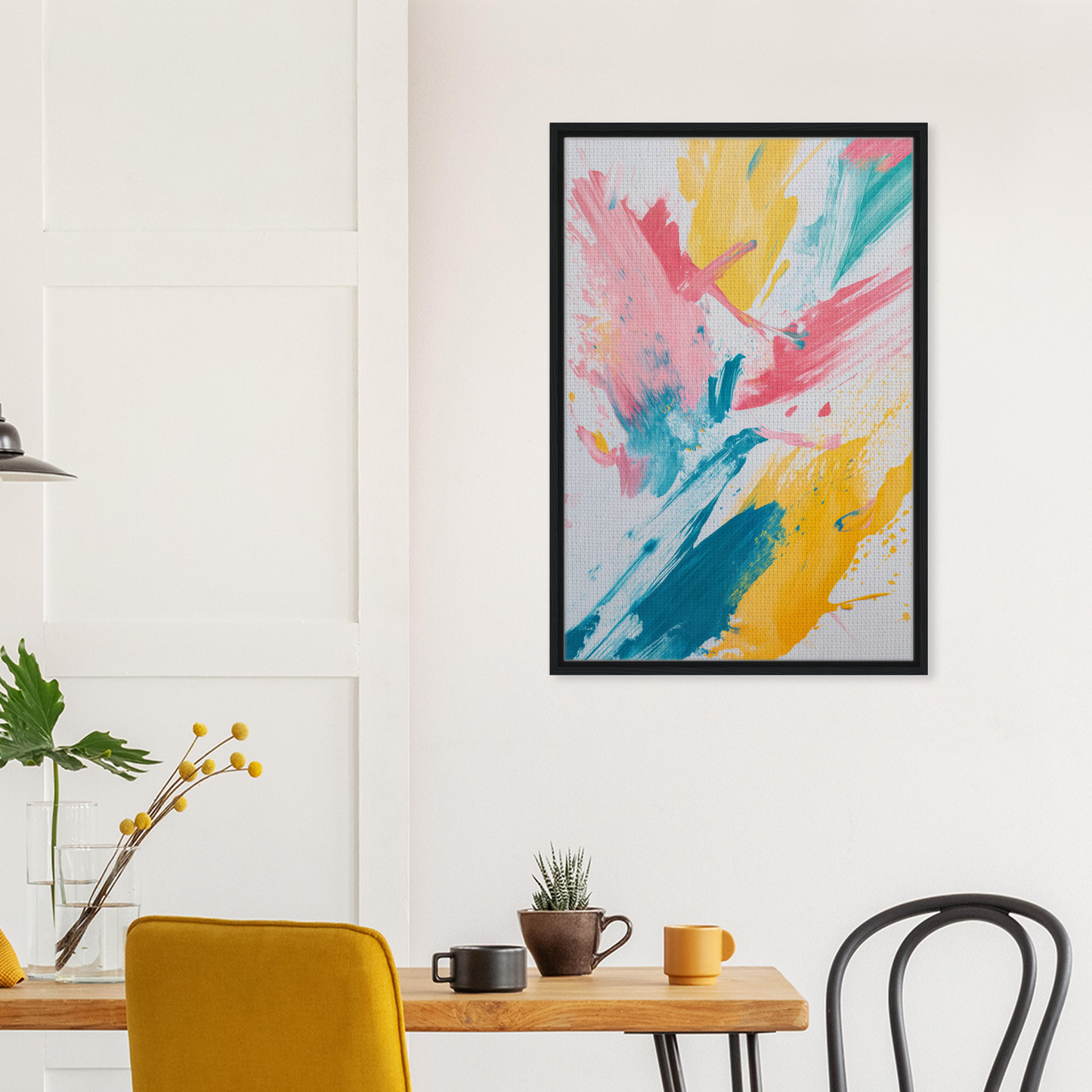 Colorful abstract painting in a black frame on a white wall, Expression Frenzy Vibrance