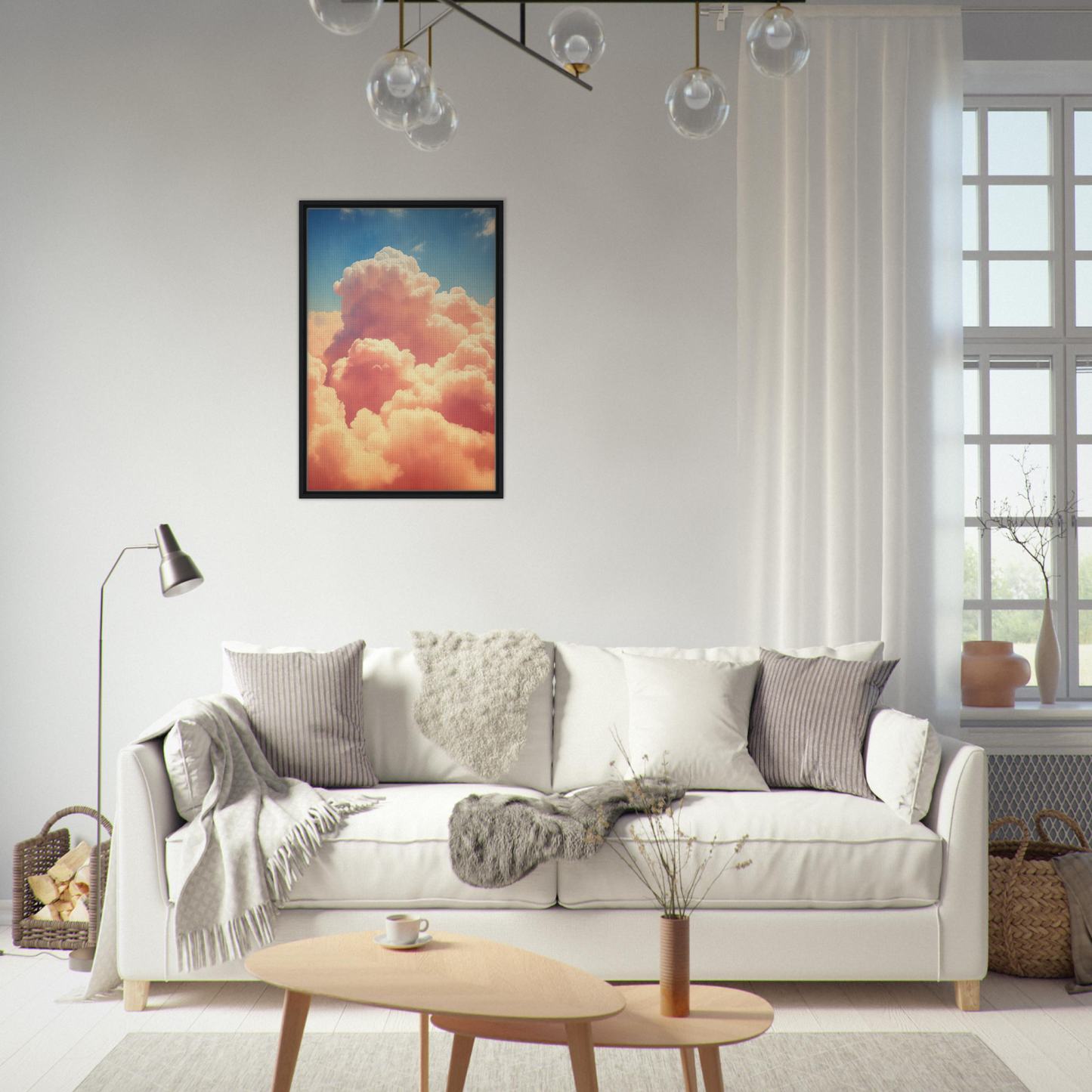 White sofa adorned with throw pillows and blankets from Exquisitions Ecstatic Sky