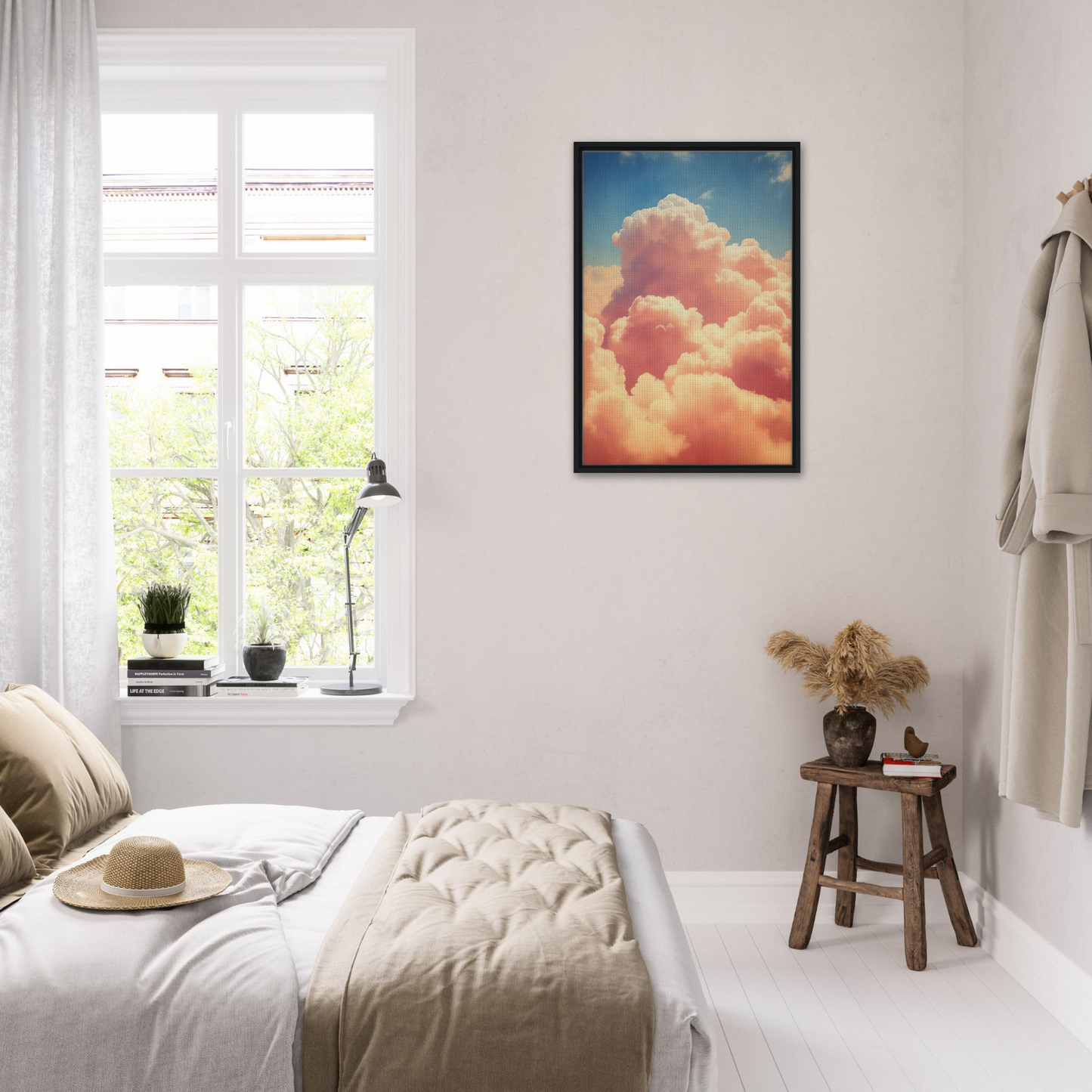 Framed canvas print of Exquisitions Ecstatic Sky with fluffy pink clouds in blue sky