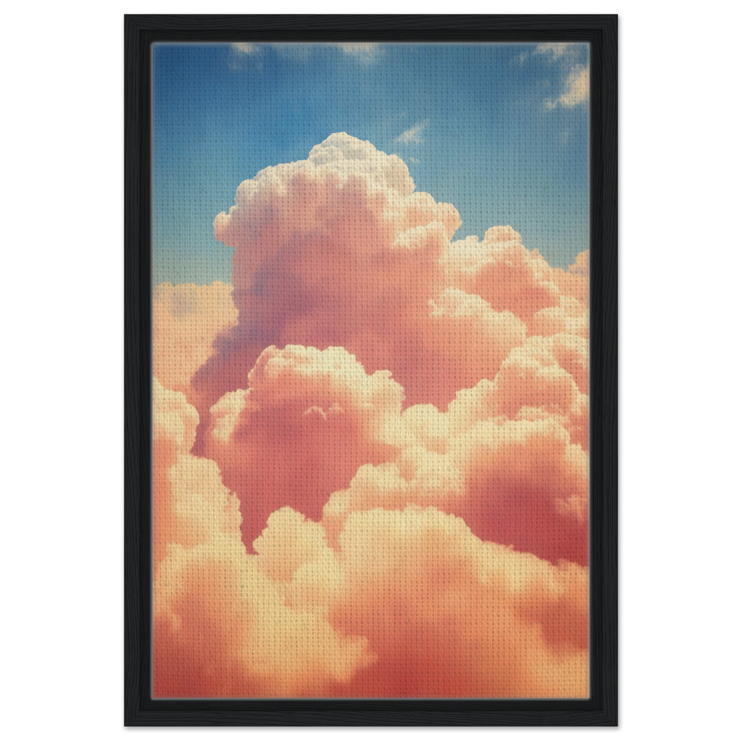 Fluffy pink-tinged cumulus clouds in an Ecstatic Sky framed for elegant room decor