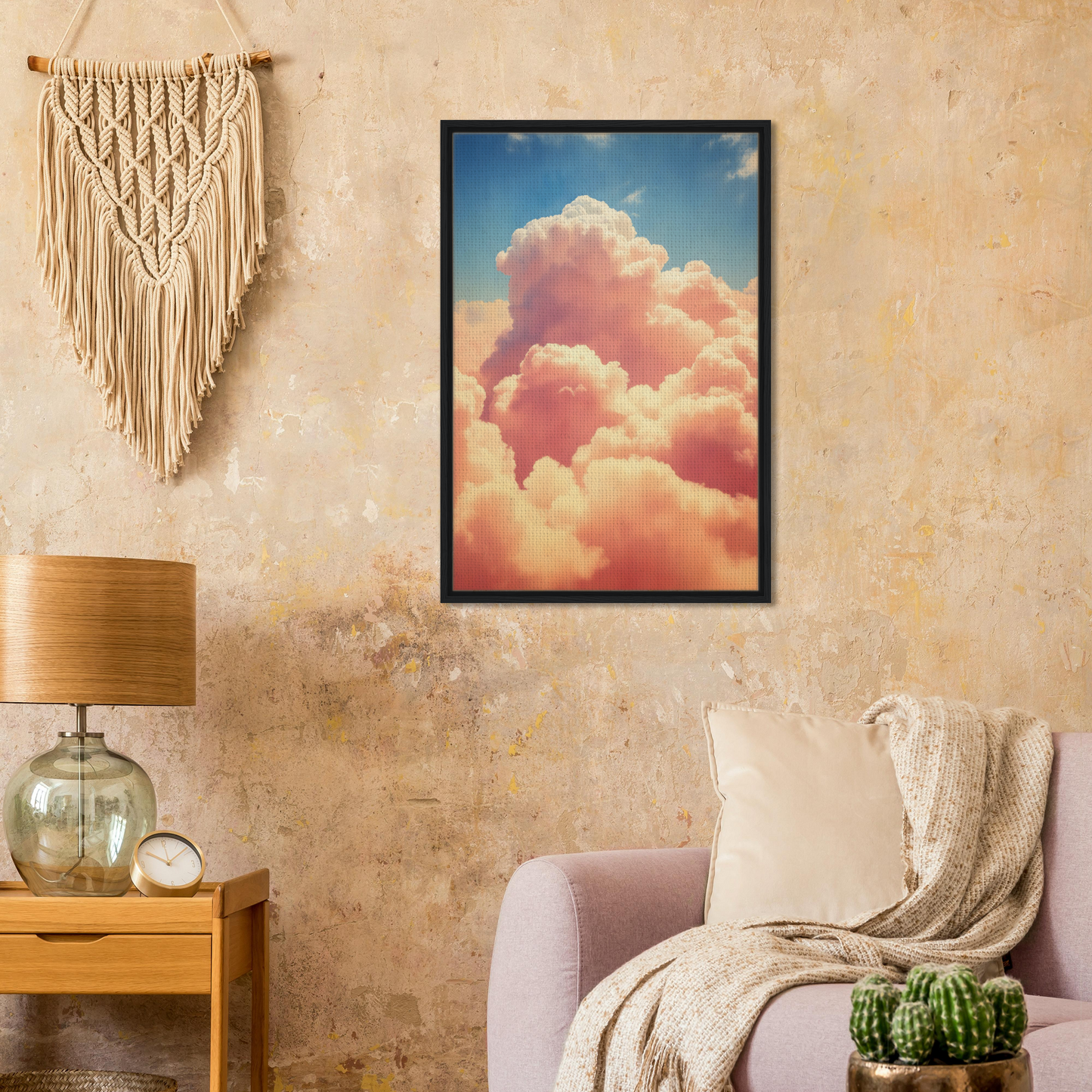 Framed canvas print of pink and white clouds in the Exquisitions Ecstatic Sky collection
