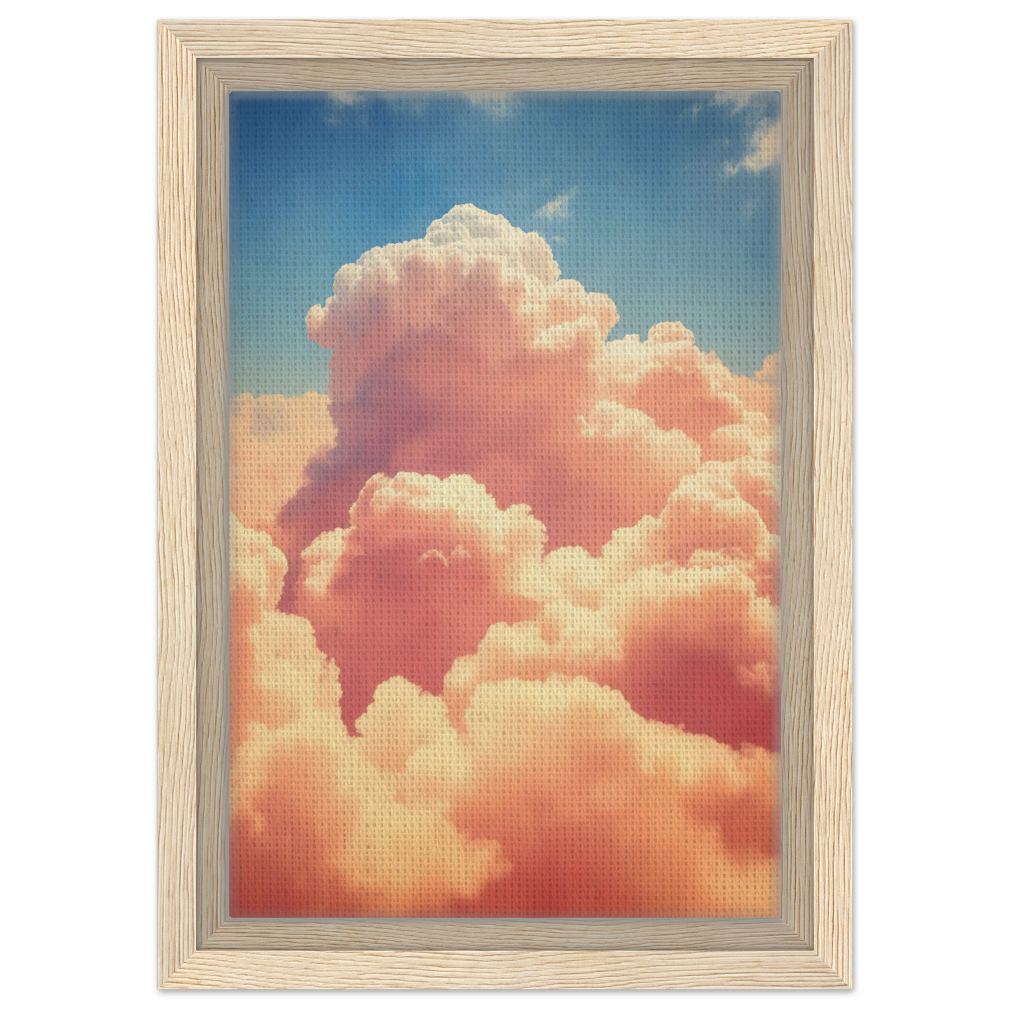 Fluffy pink and white clouds in Exquisitions Ecstatic Sky room decor illuminated by sunlight