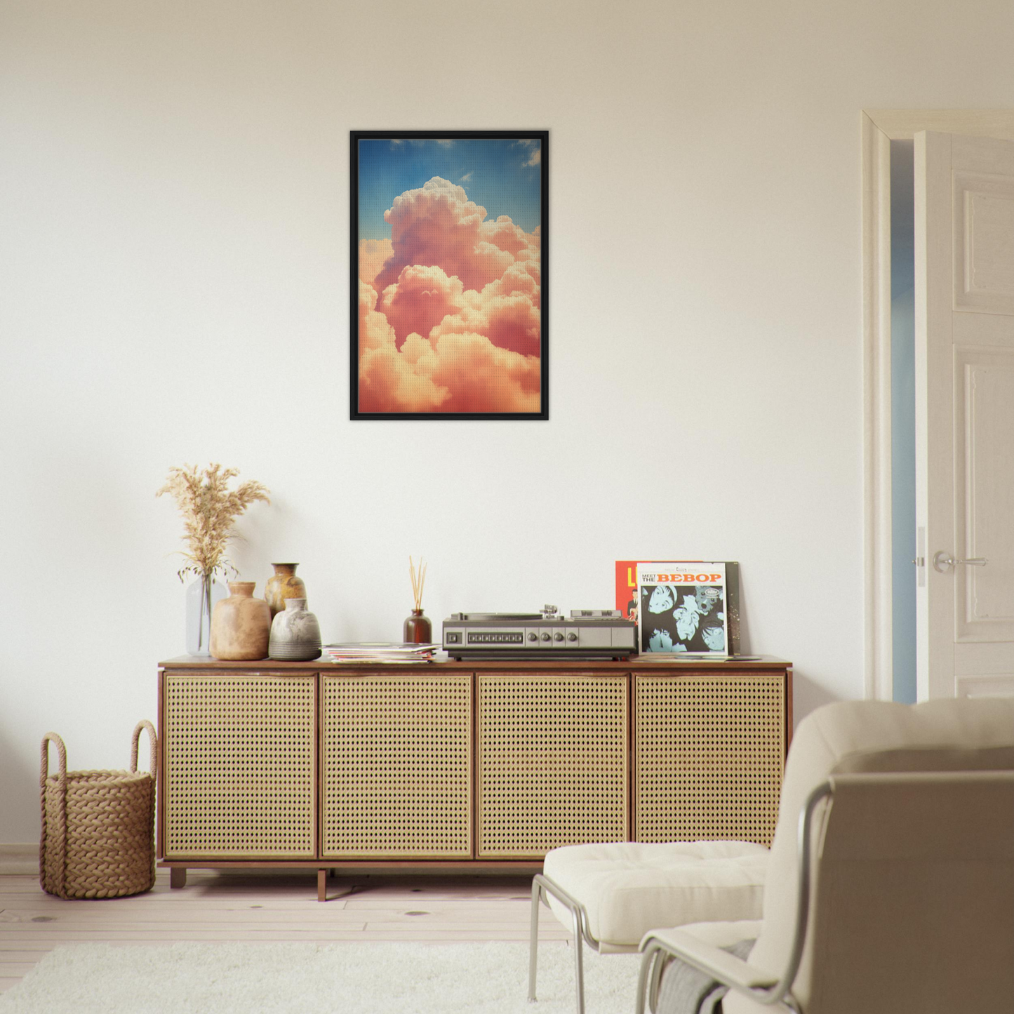 Wooden sideboard with cane-webbed doors and Ecstatic Sky framed artwork for room decor